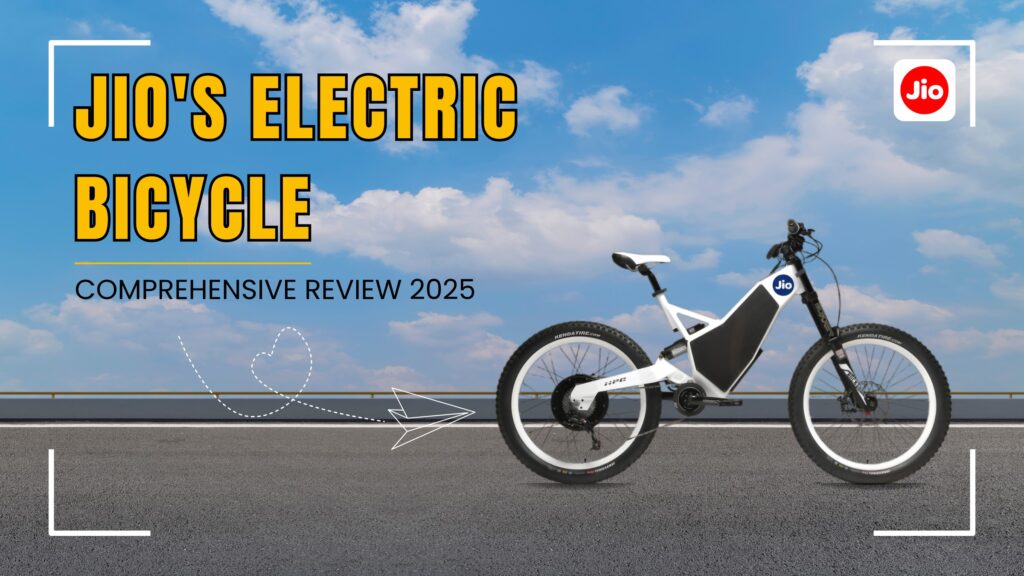 A realistic concept of the Jio Electric Cycle 2025 with smart features and modern urban styling.