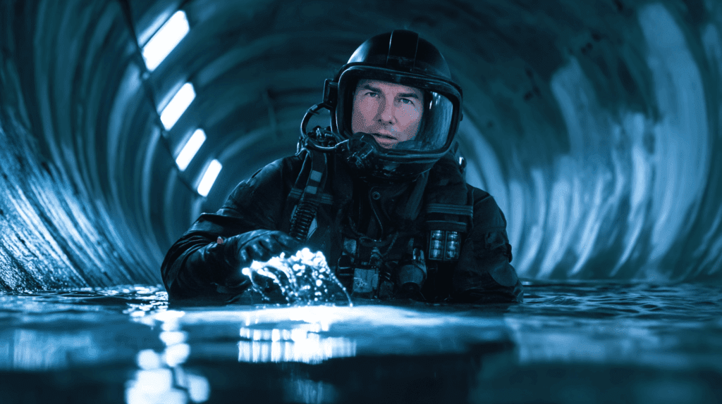 Tom Cruise sprints through a burning corridor during a high-stakes action scene in Mission: Impossible – The Final Reckoning.