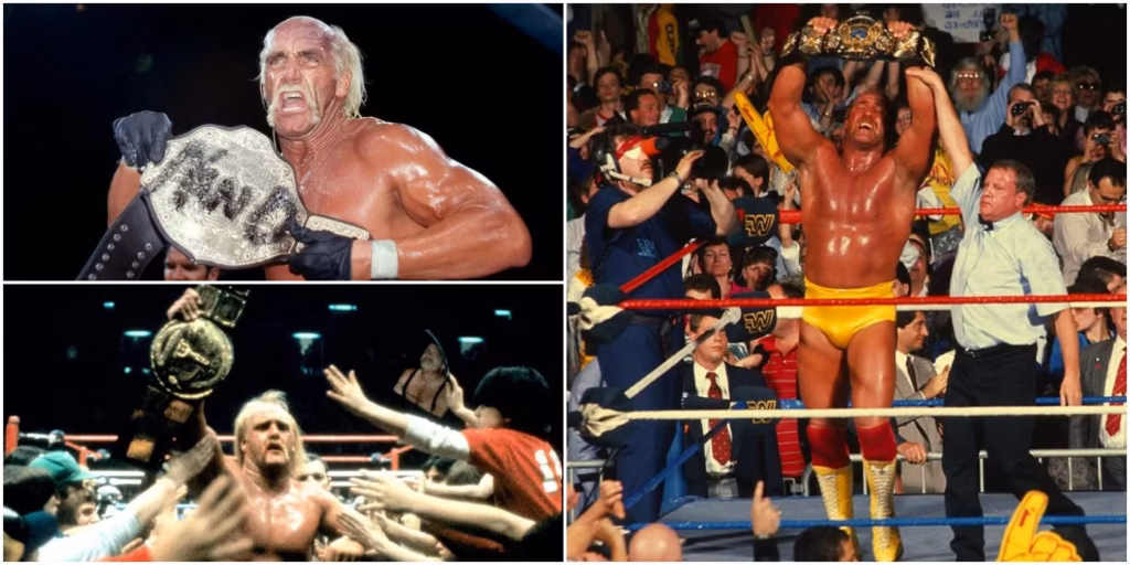 Hulk Hogan holding a championship belt, posing triumphantly in front of cheering wrestling fans.