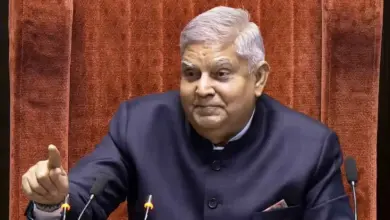 Jagdeep Dhankhar announces resignation as Vice President at official press briefing podium.