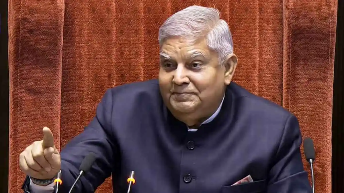 Jagdeep Dhankhar announces resignation as Vice President at official press briefing podium.