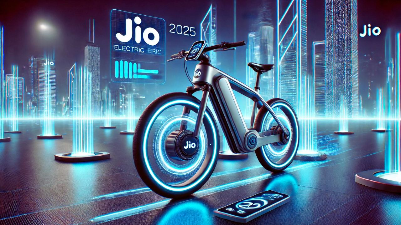 Illustration of the rumored Jio Electric Cycle 2025 with smart dashboard and modern urban design.