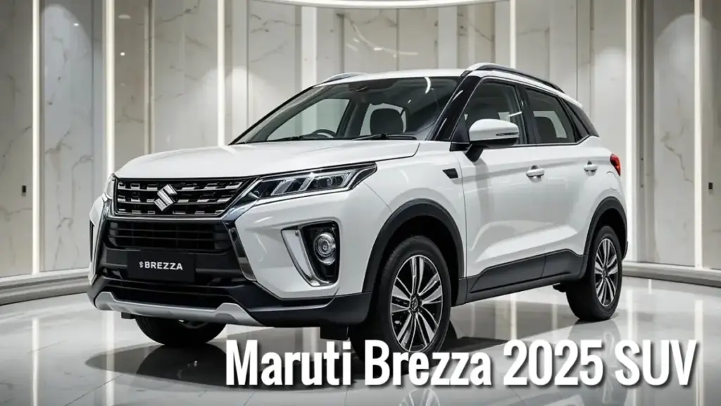 2025 Maruti Brezza in striking red, showcasing sleek LED lights and sporty exterior styling