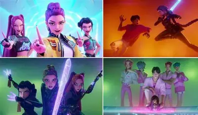 Animated K-pop characters in four scenes.