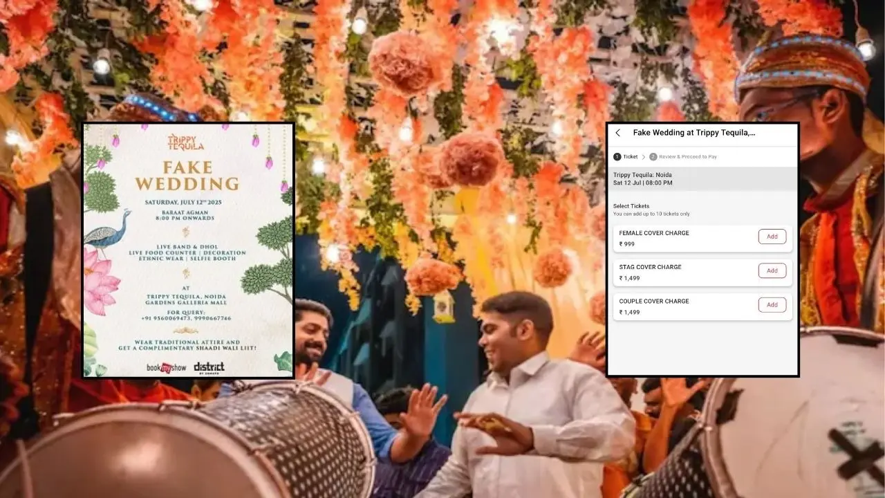 Guests dancing at Noida’s mock wedding event, featuring traditional decor, ethnic outfits, and dhol performers.