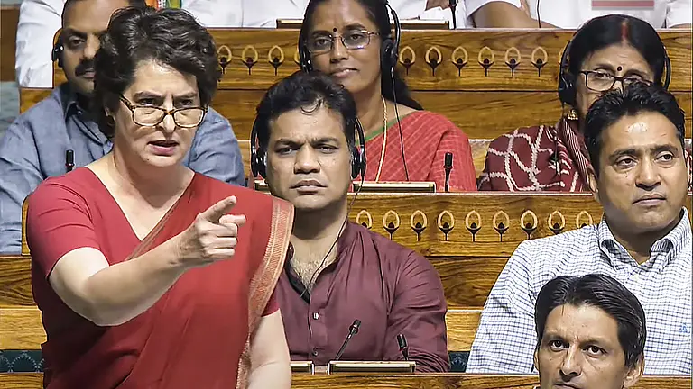 Priyanka Gandhi addressing Parliament passionately during the Pahalgam attack debate in the Lok Sabha.
