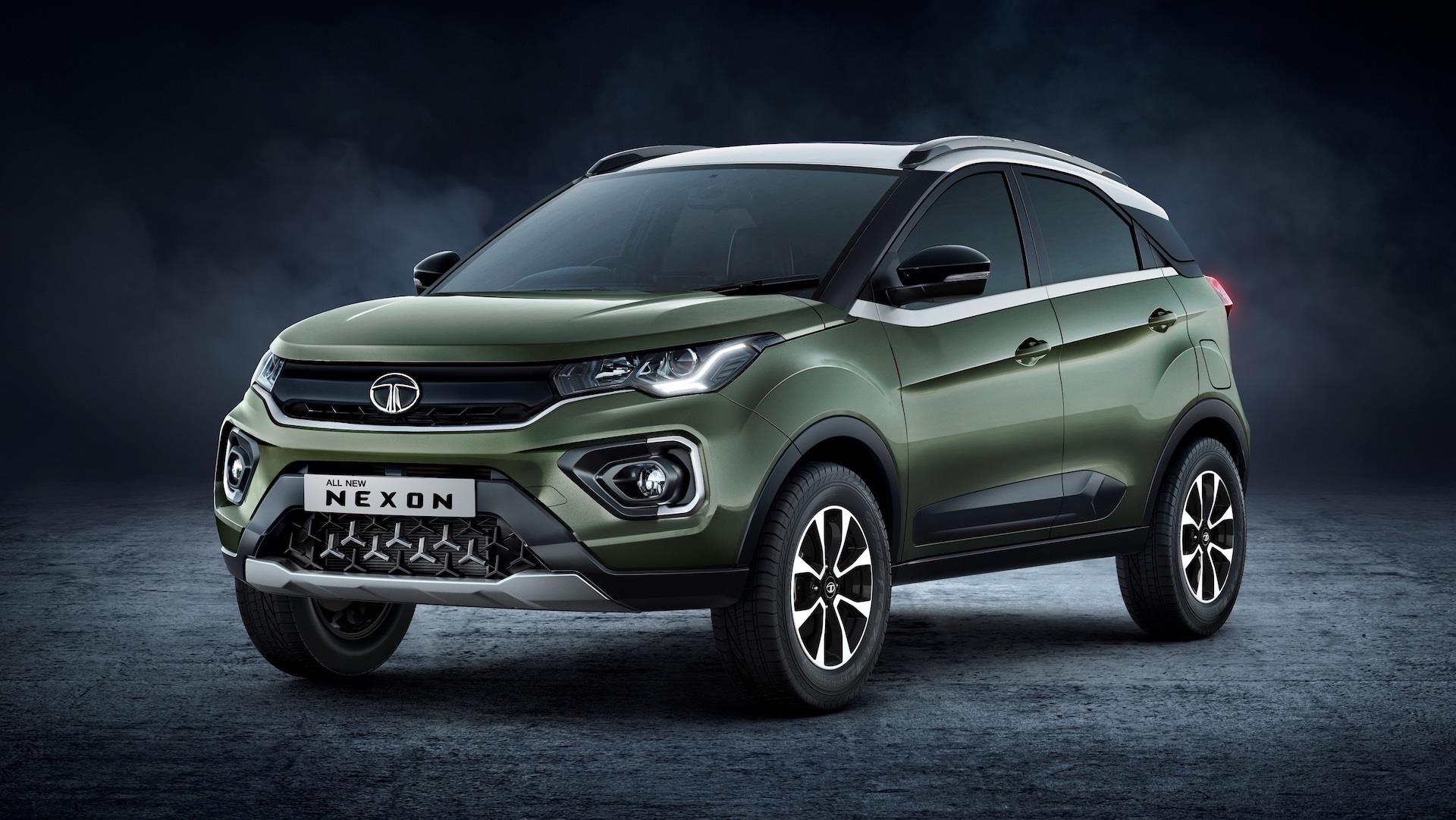 Tata Nexon 2025 front view showcasing LED headlights, updated grille, and rugged compact SUV design