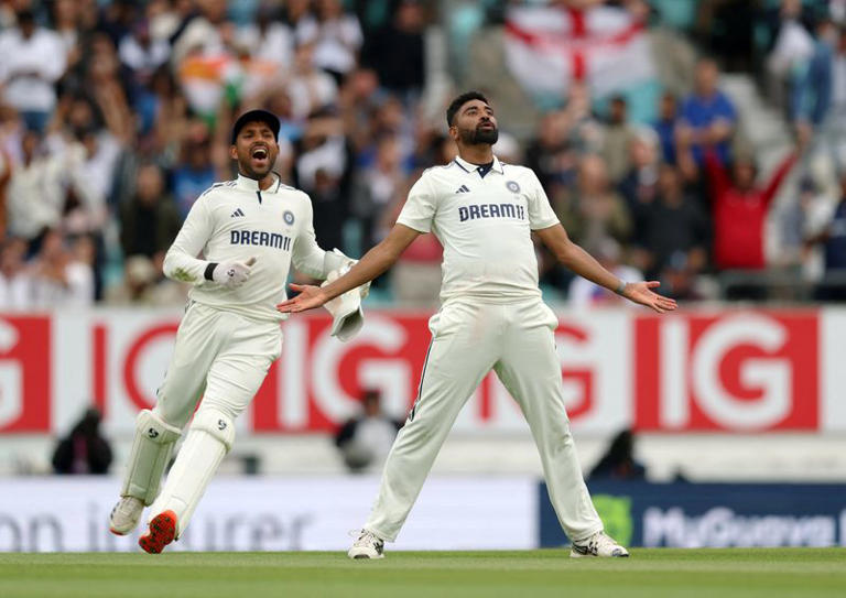 Mohammed Siraj shines with a calm expression after taking key wickets.