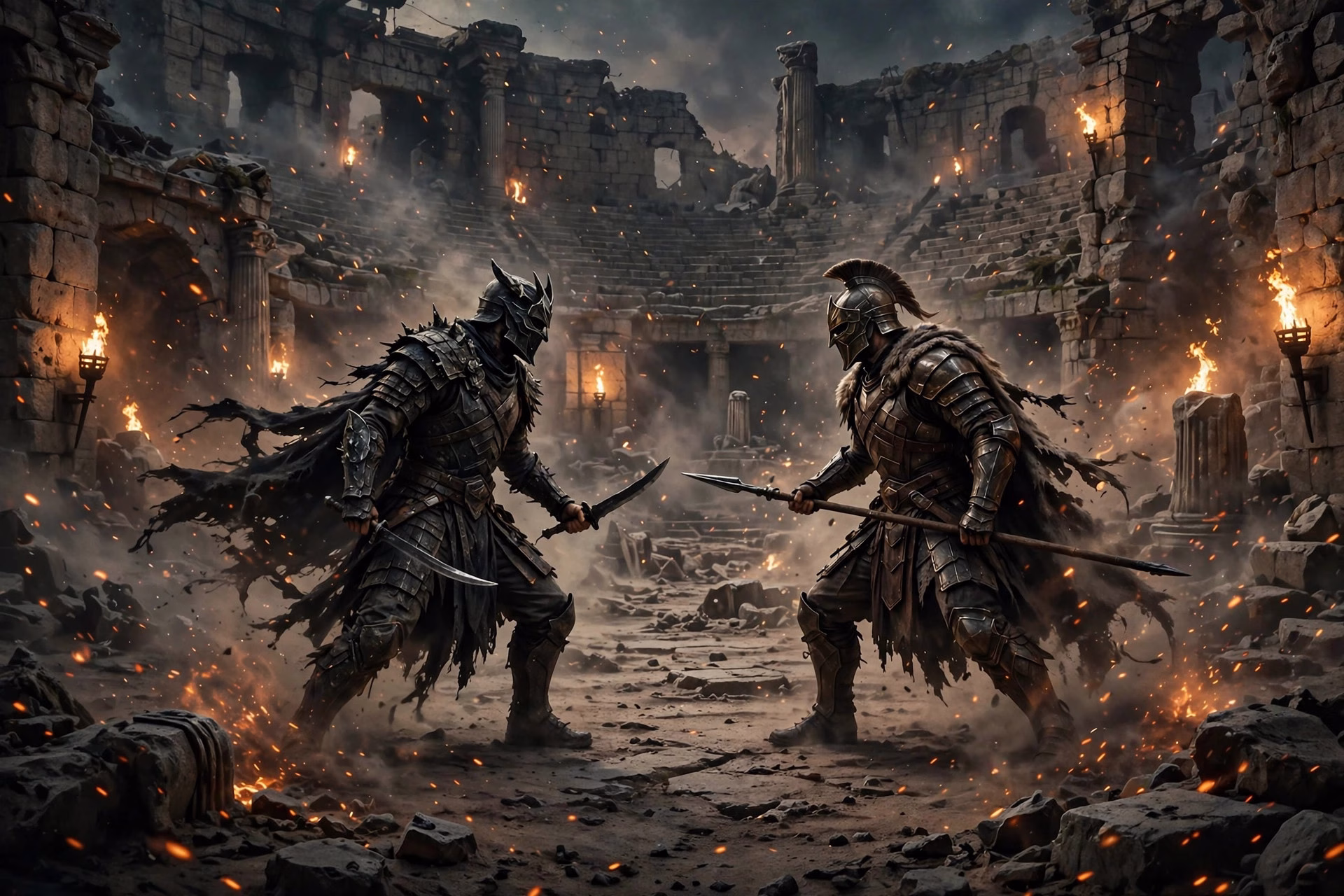 Two rival warriors facing off in a dust-filled ancient stone arena with fire torches