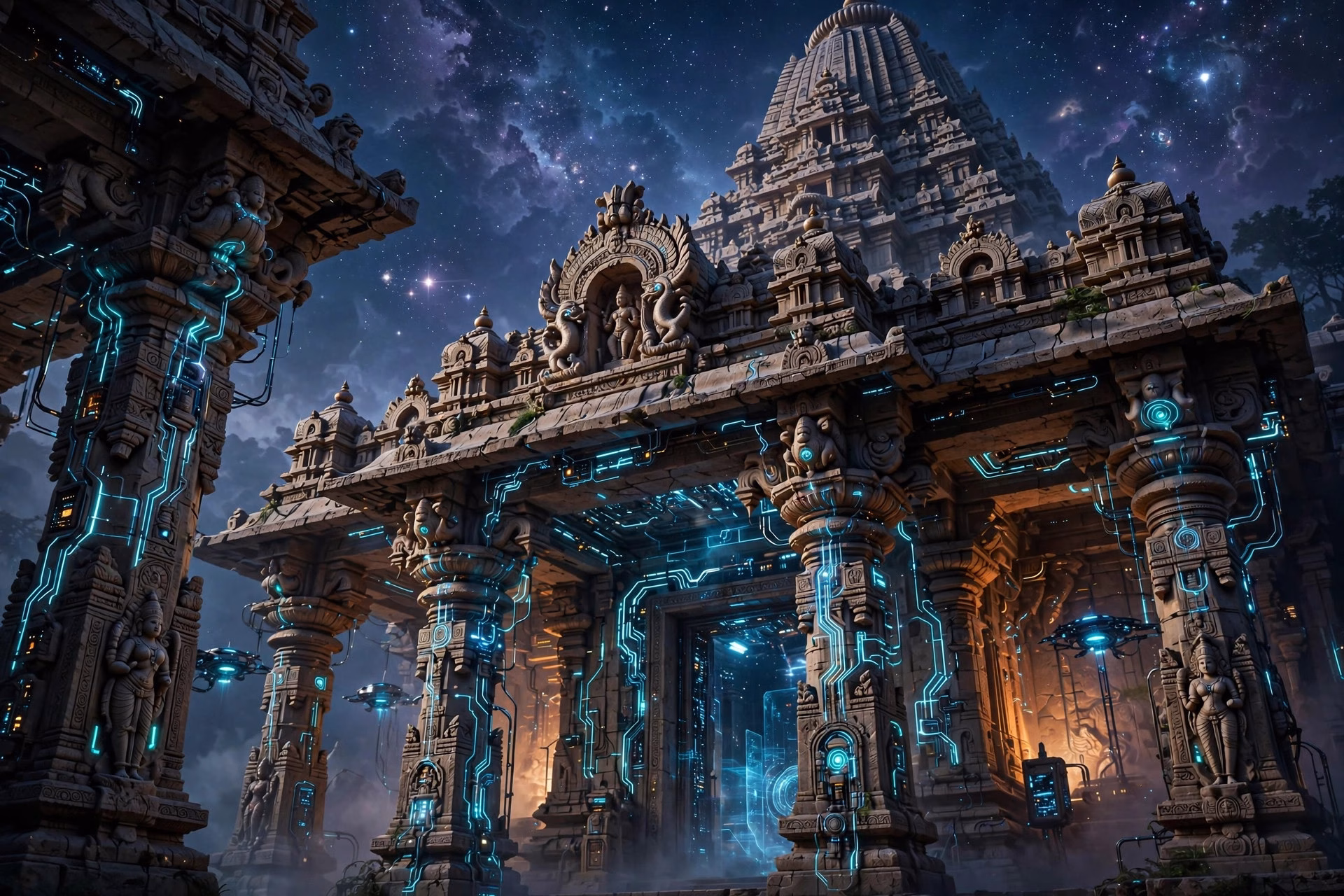 Ancient Indian temple merged with futuristic technology under a cosmic sky, mythological sci-fi concept art