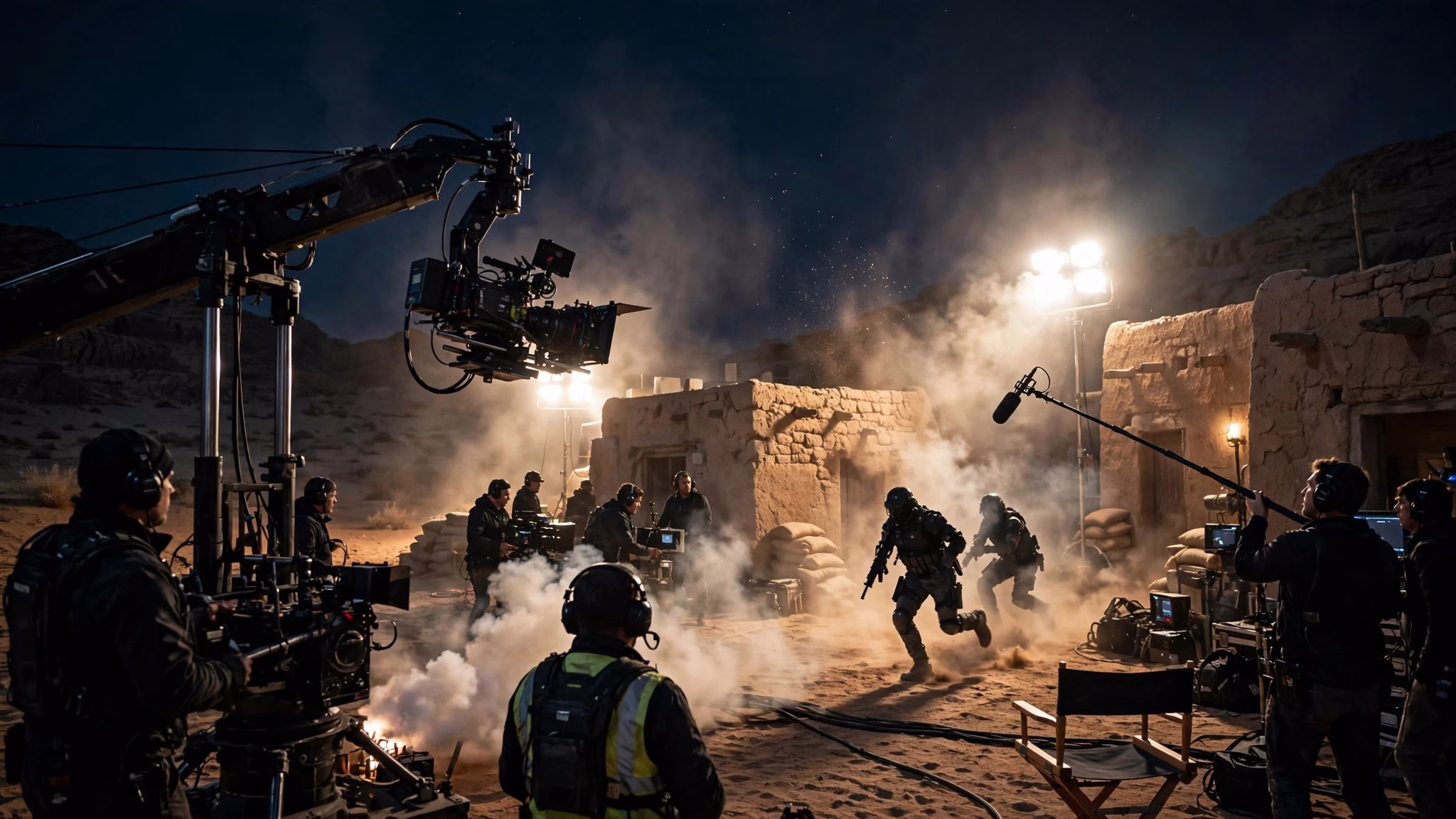 Film crew shooting a night action sequence at a desert outpost with floodlights and smoke, cinematic film-set scene
