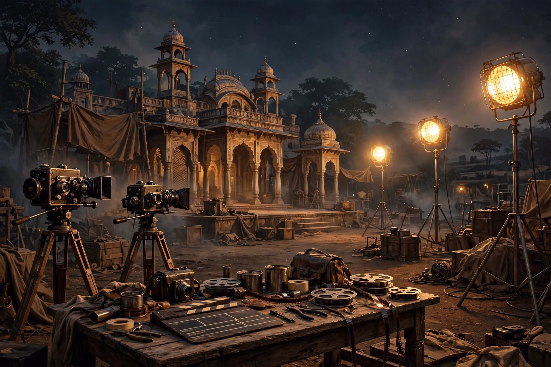 Vintage Bollywood film cameras and lights on a night set, a nostalgic tribute to golden-age Indian cinema