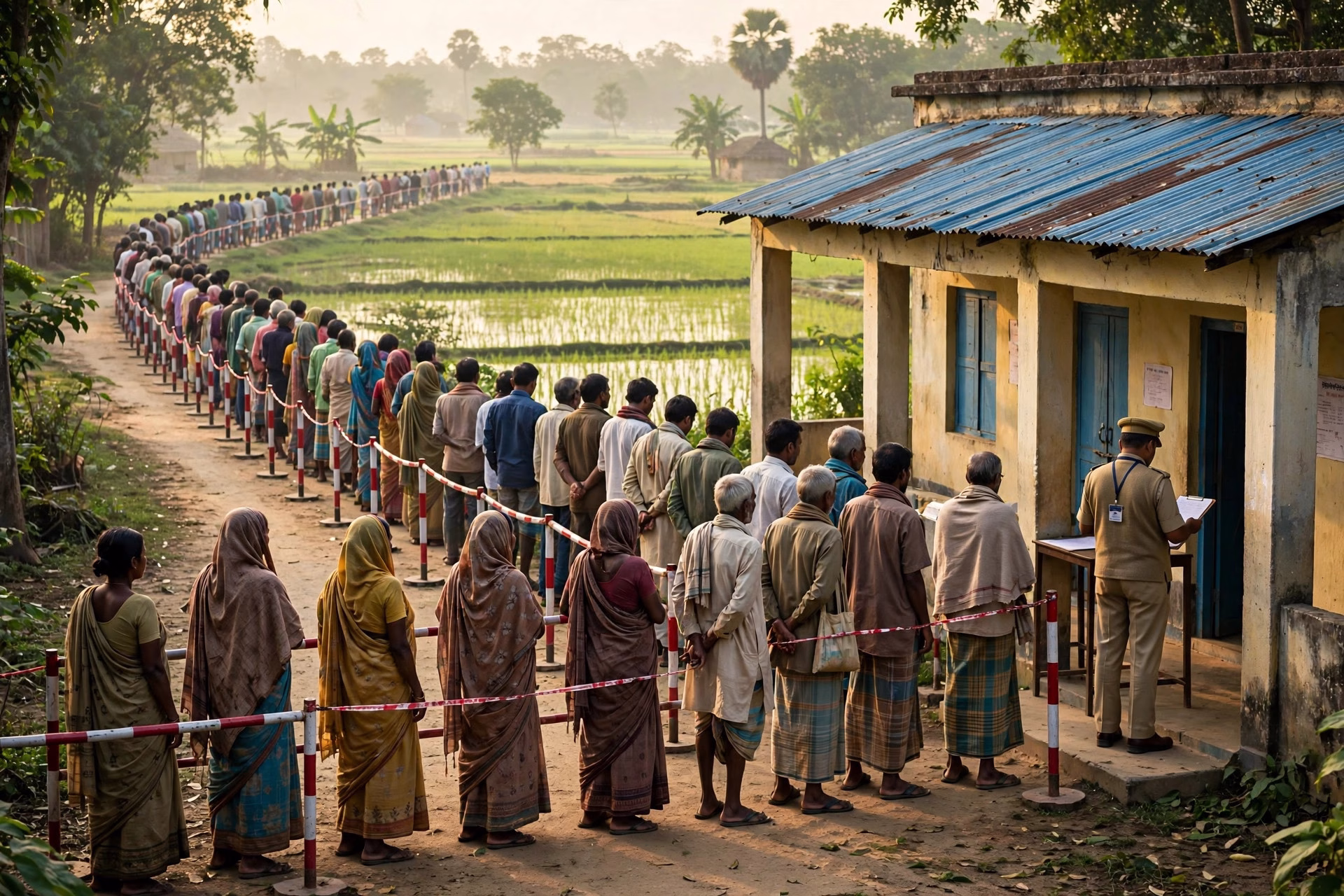 Voters standing in queue outside a polling booth in rural West Bengal during the bypoll
