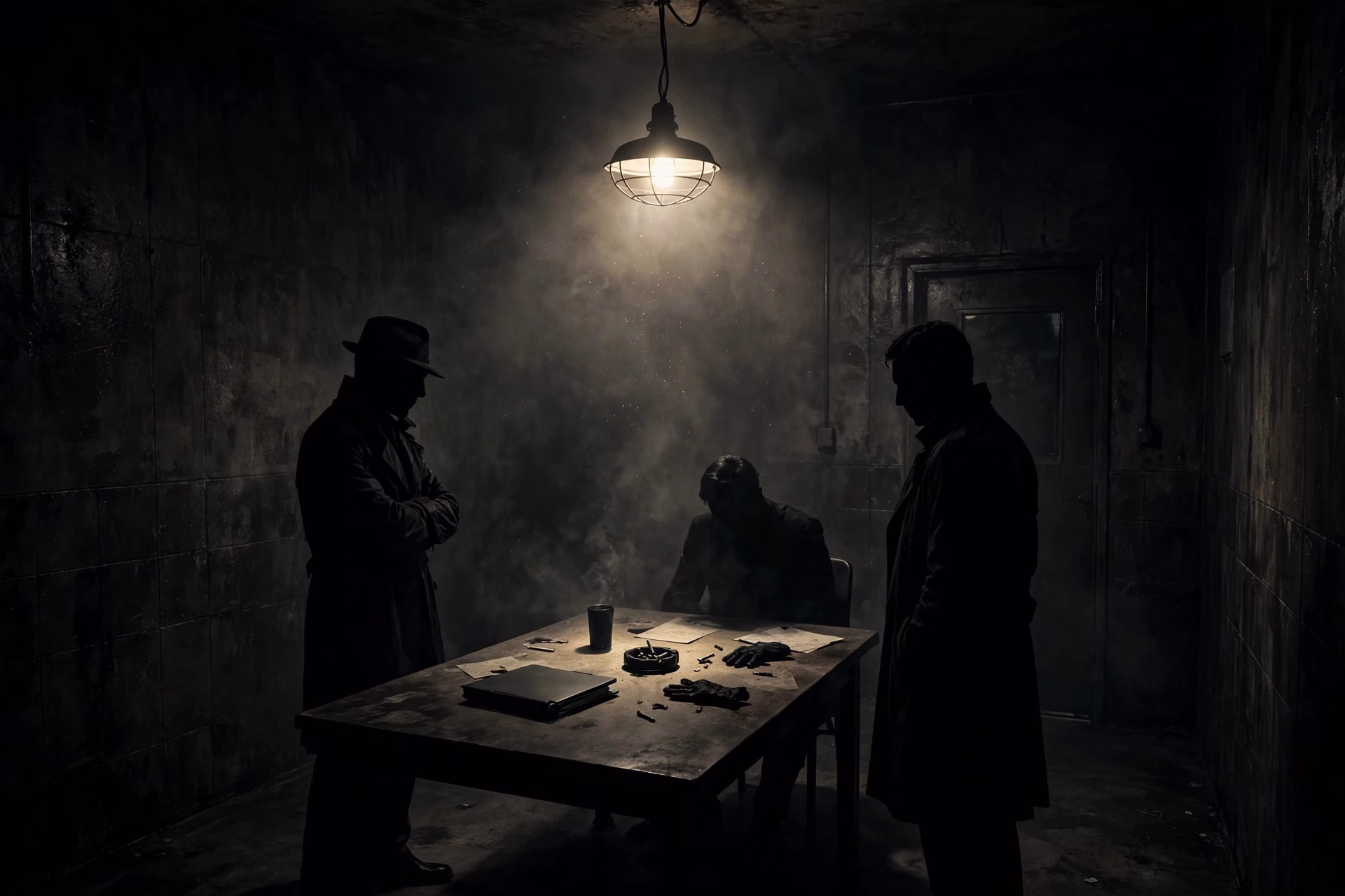 Dimly lit interrogation room with silhouetted figures, film-noir spy thriller concept art