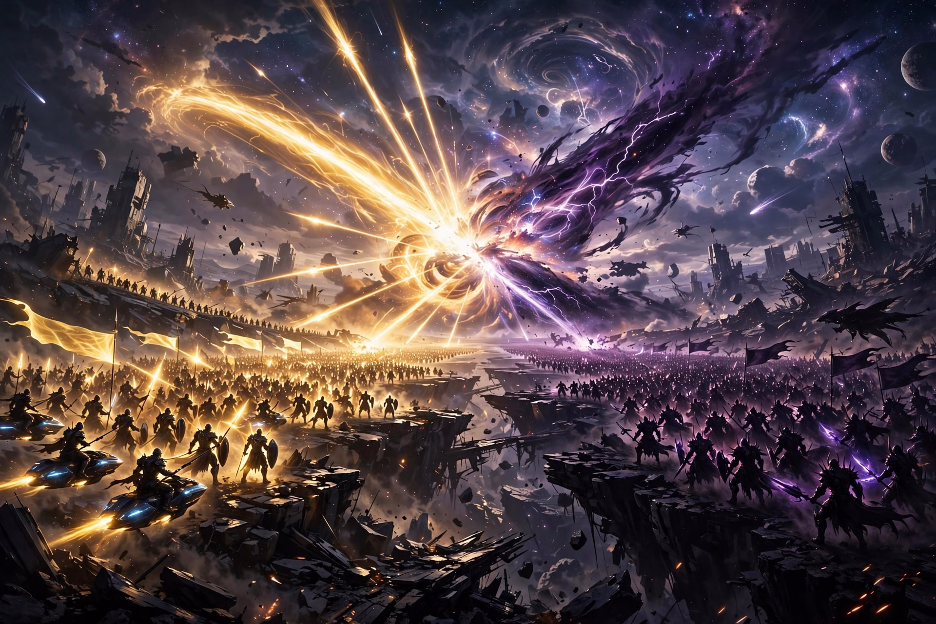 Epic cosmic battle between armies of light and darkness across a shattered futuristic landscape
