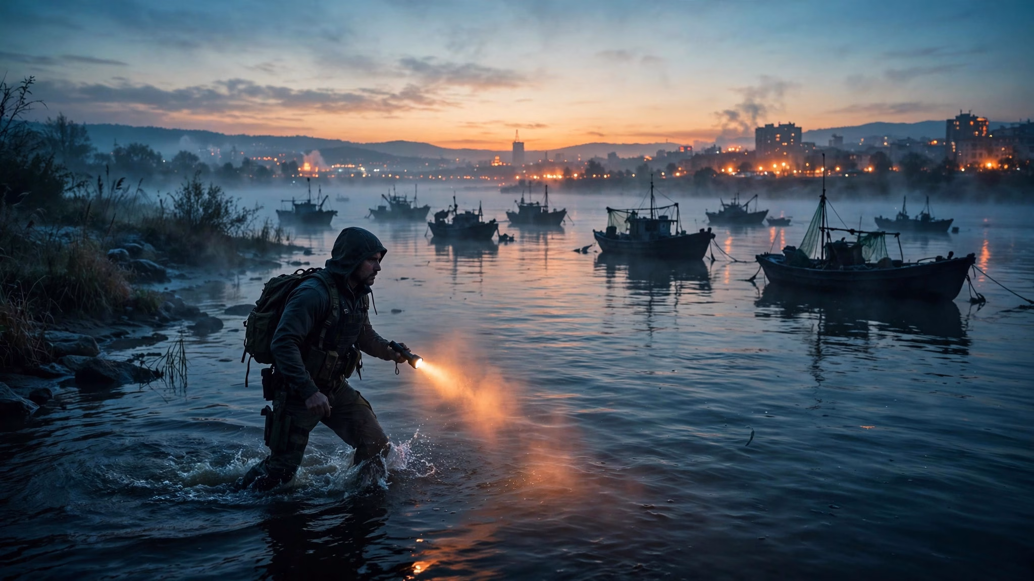 An undercover operative crossing a dark river at dawn with fishing boats silhouetted on the water, spy-thriller concept art
