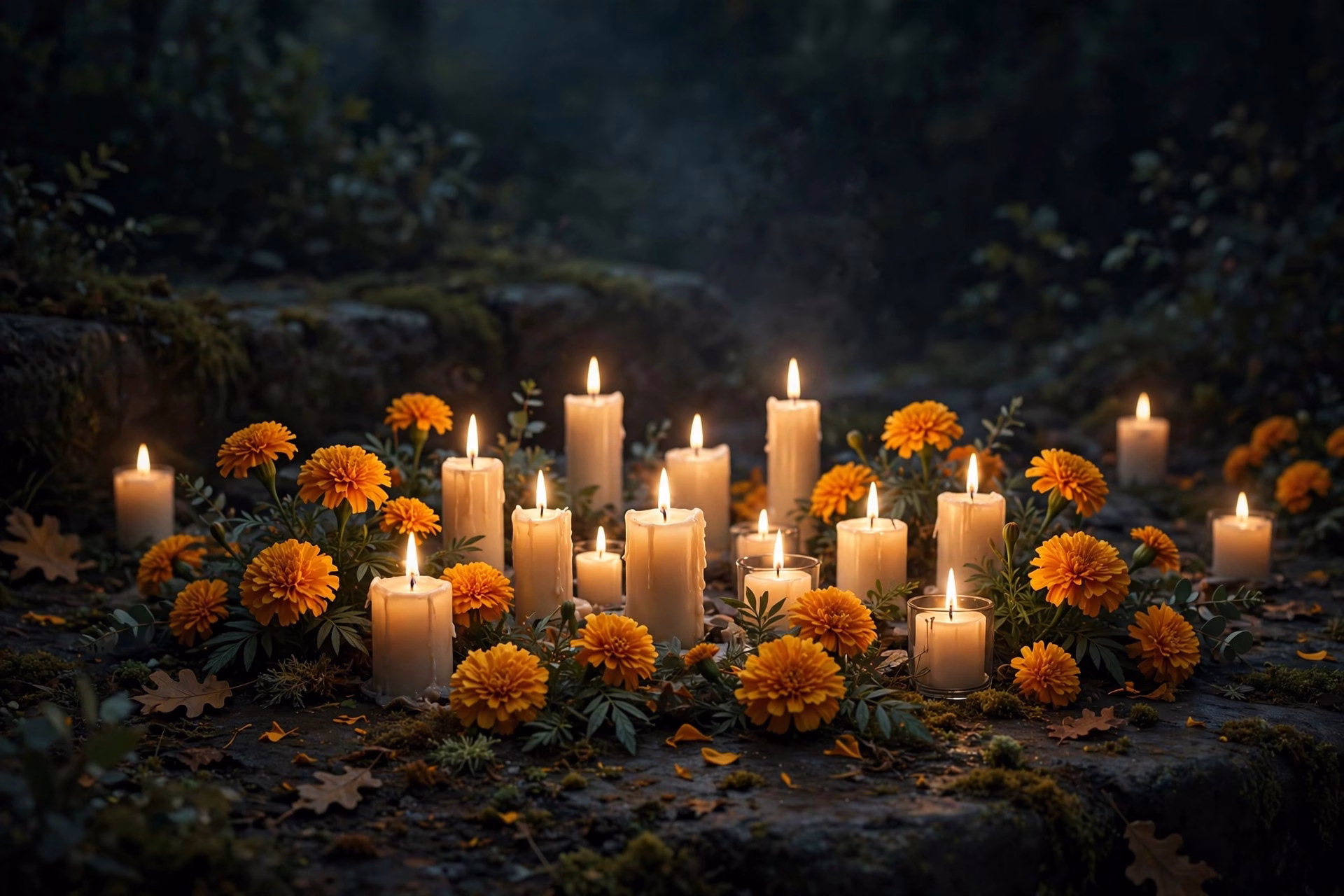 Candles and marigold flowers at a memorial, a sombre tribute to Nana Patekar