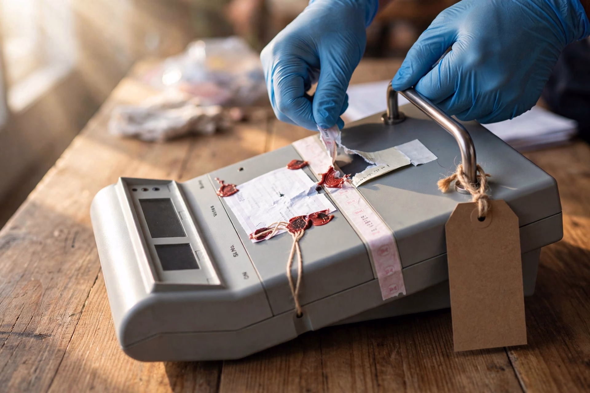 A sealed Electronic Voting Machine prepared for counting at a counting centre