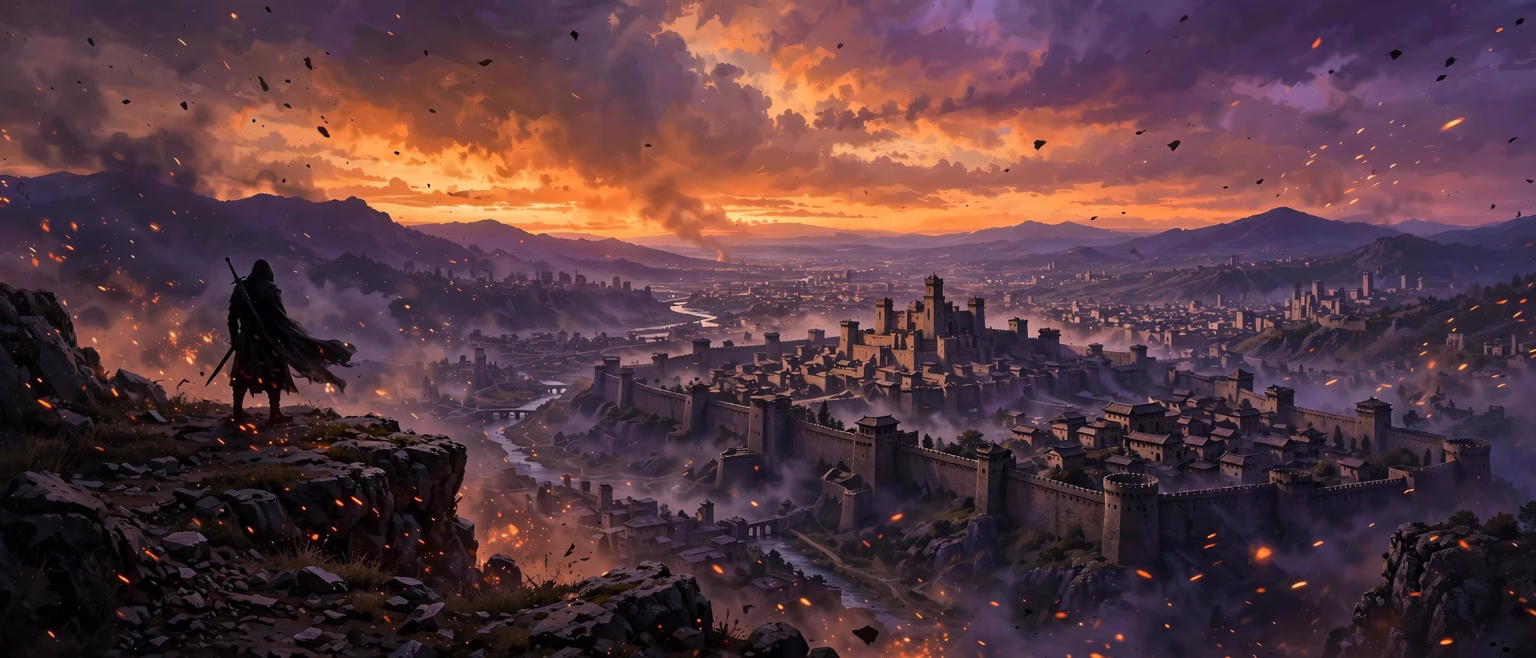 Warrior silhouette overlooking a vast ancient fortress kingdom at dusk, epic action concept art