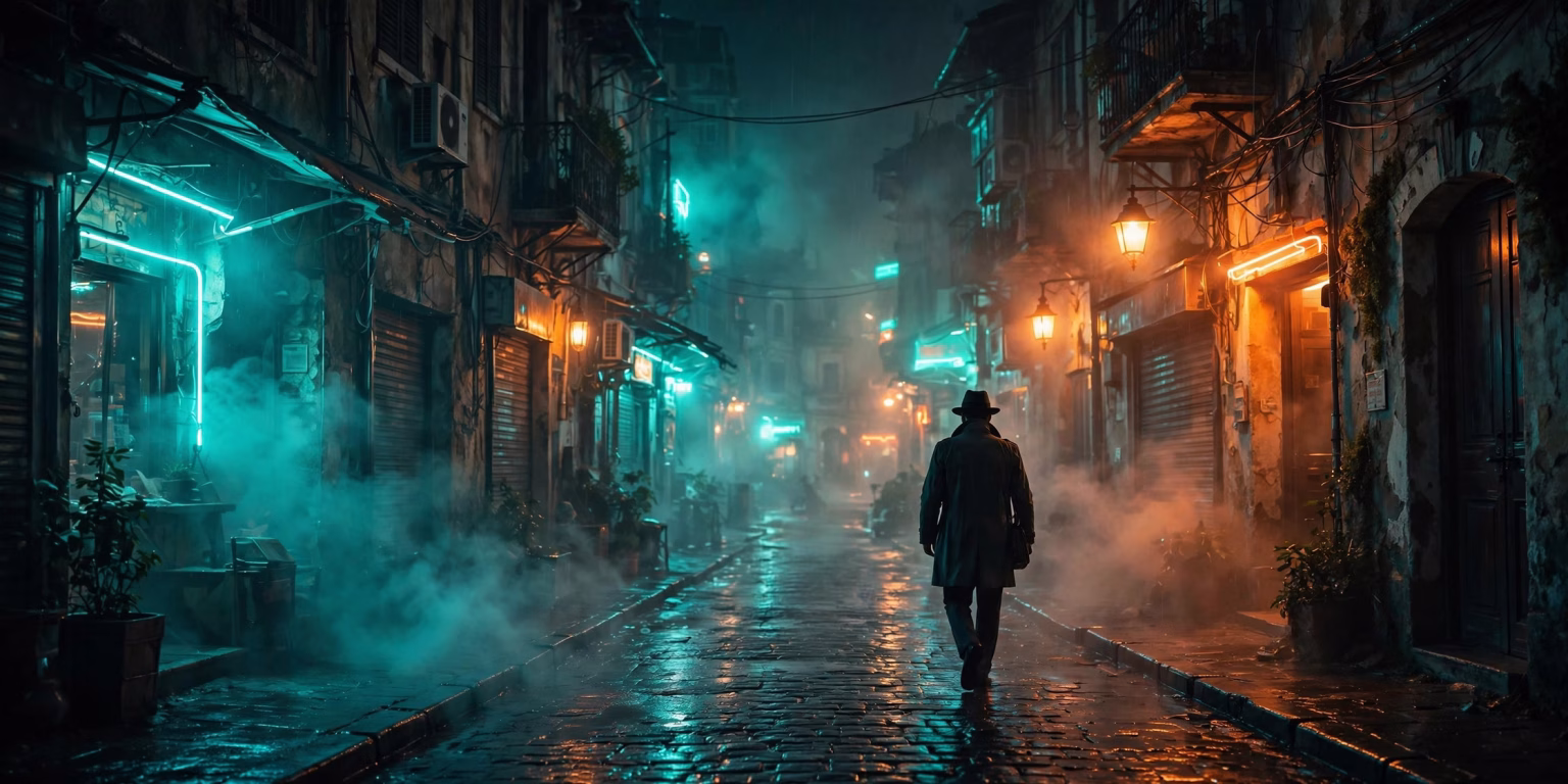 Silhouetted undercover agent in a neon-lit old city street at night, spy thriller concept art