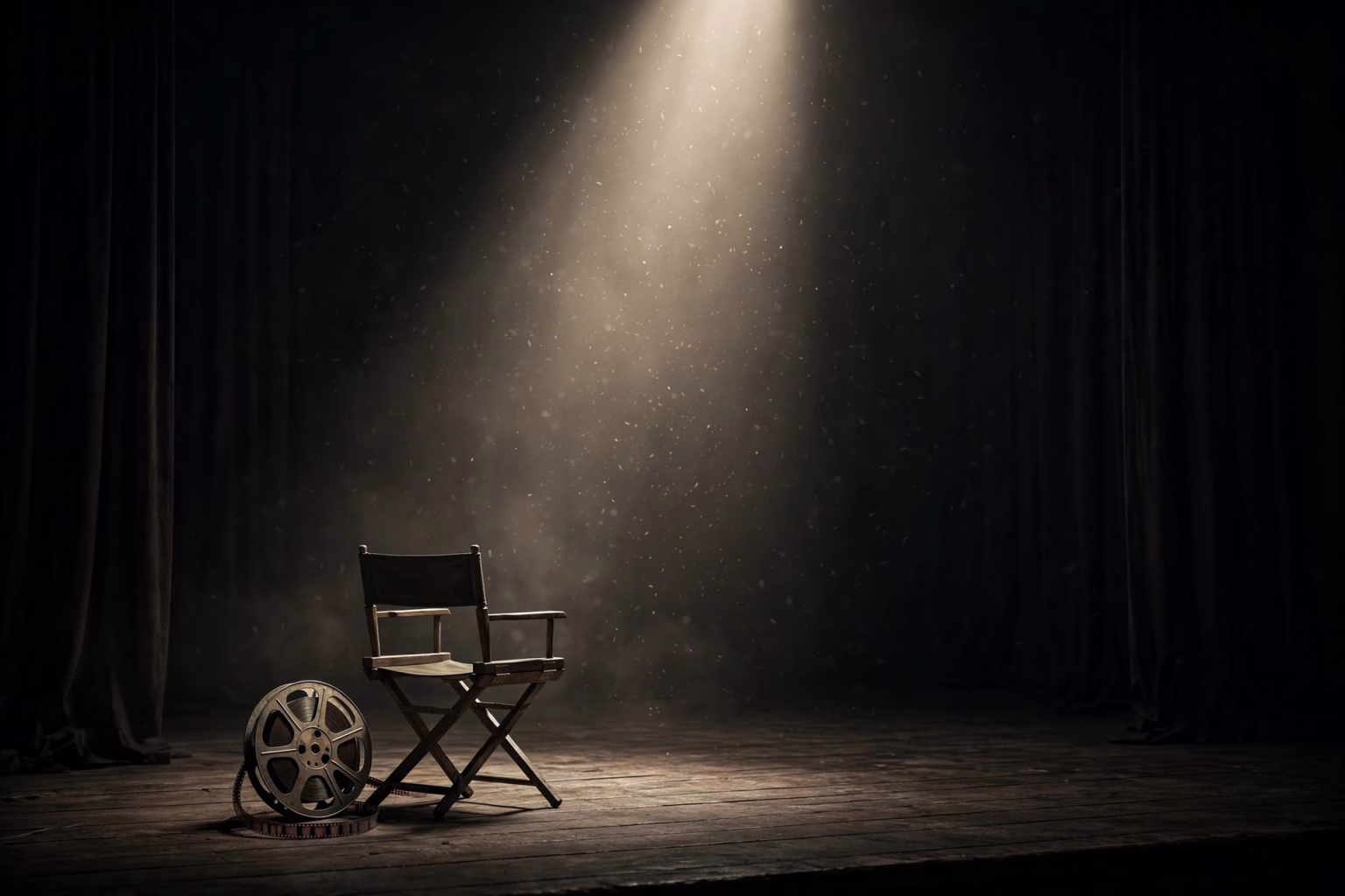 Spotlight shining on an empty theatre stage with a film reel, a cinematic tribute concept for Nana Patekar