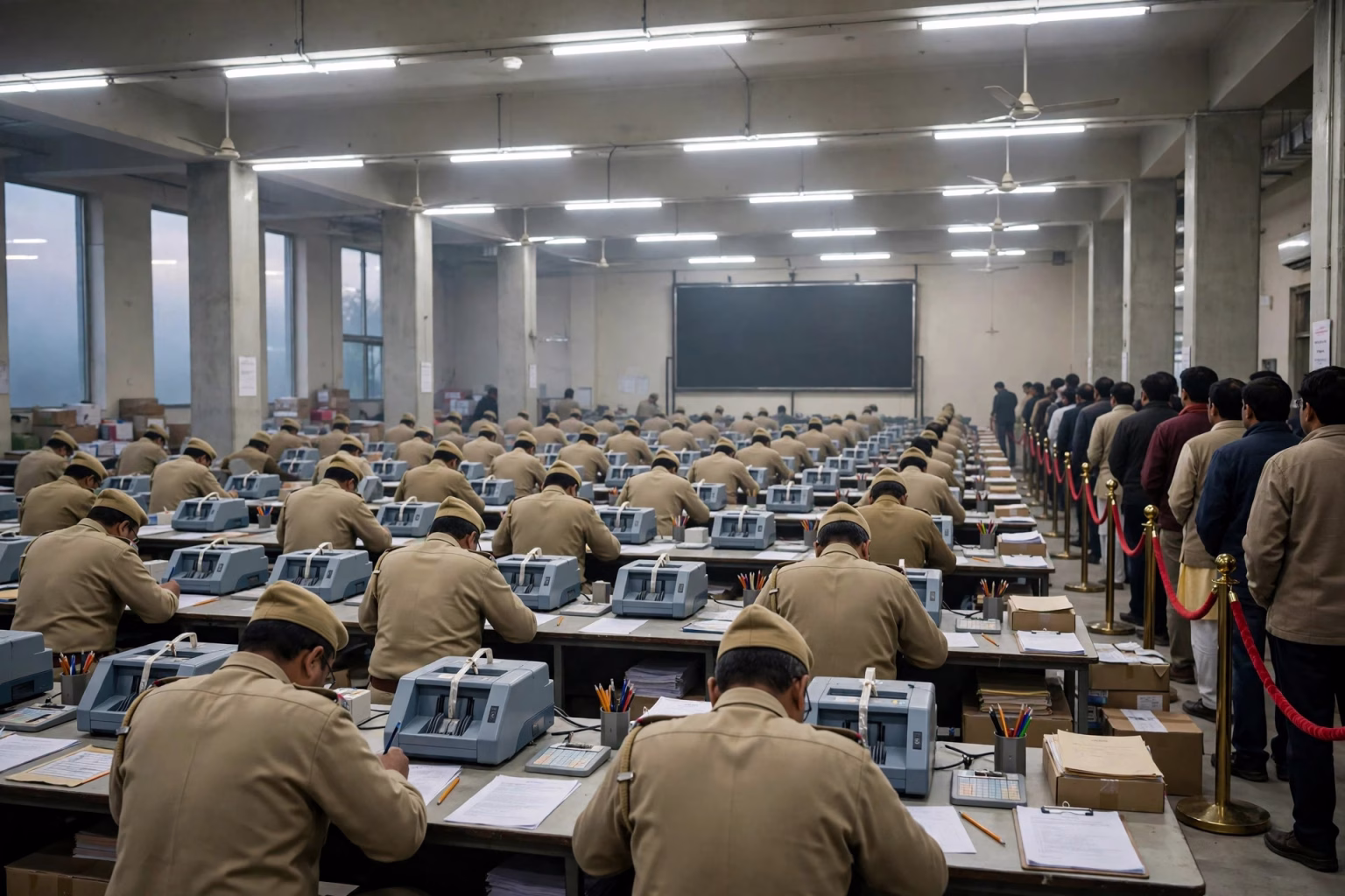 Nandigram and Rejinagar Bypoll Results 2026: BJP Takes Early Lead as Counting Underway Election officials counting votes from Electronic Voting Machines inside a counting hall in West Bengal