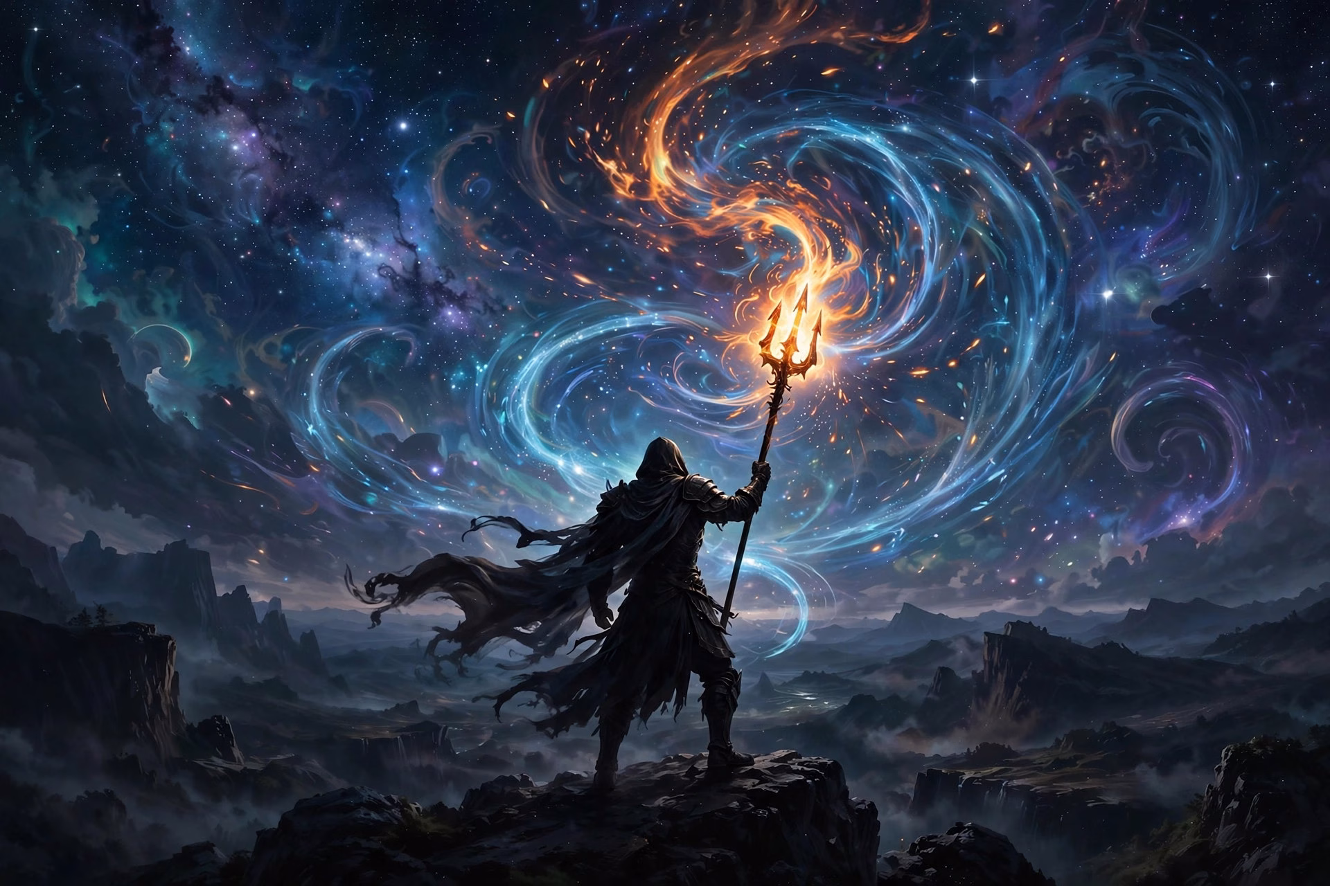 Warrior silhouette holding a flaming trident against a cosmic starry sky, divine weapon concept art
