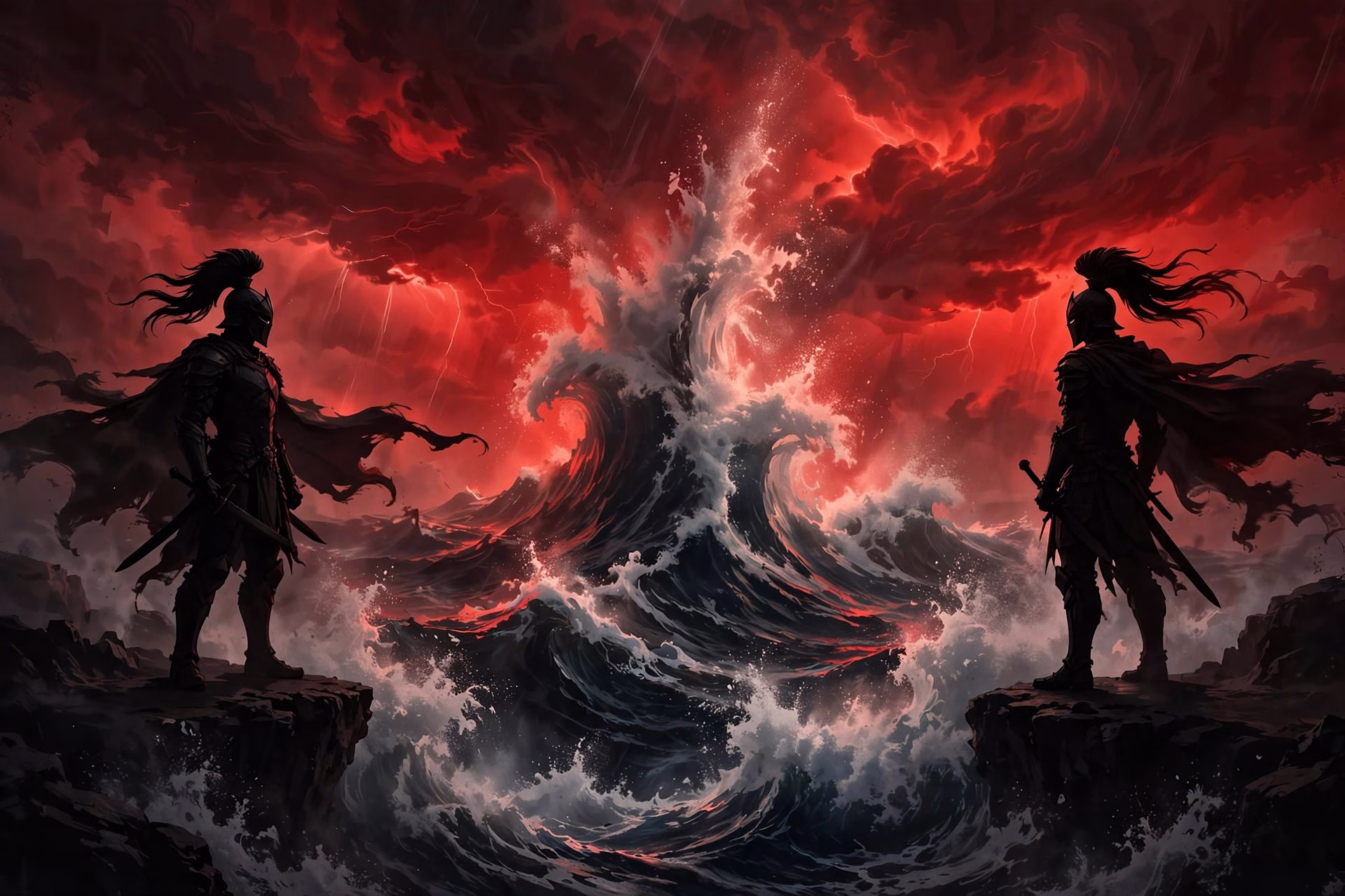 Twin warrior silhouettes divided by crashing ocean waves under a blood-red sky, dual identity concept art