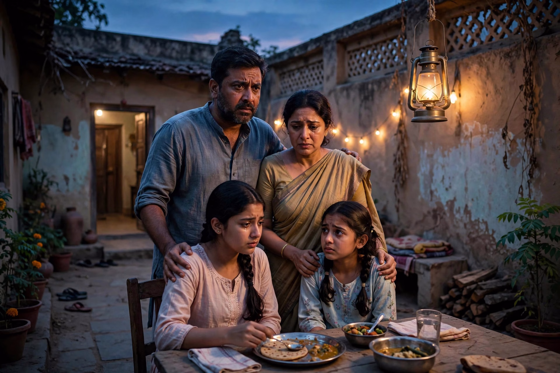 A family gathered under lamplight, echoing Georgekutty and his family's burden in Drishyam 3