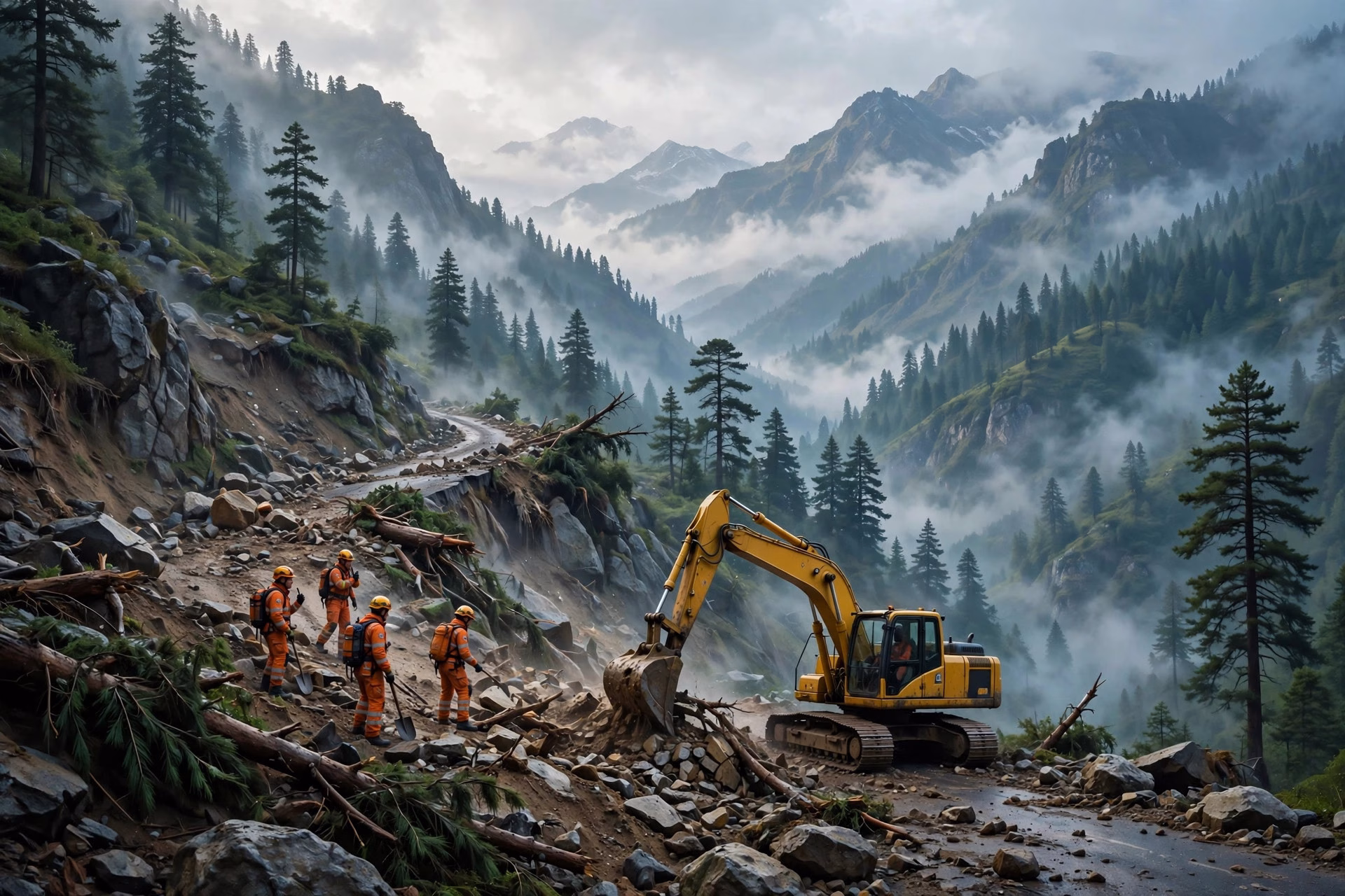 Rescue workers and an excavator clearing landslide debris on a Himalayan mountain road