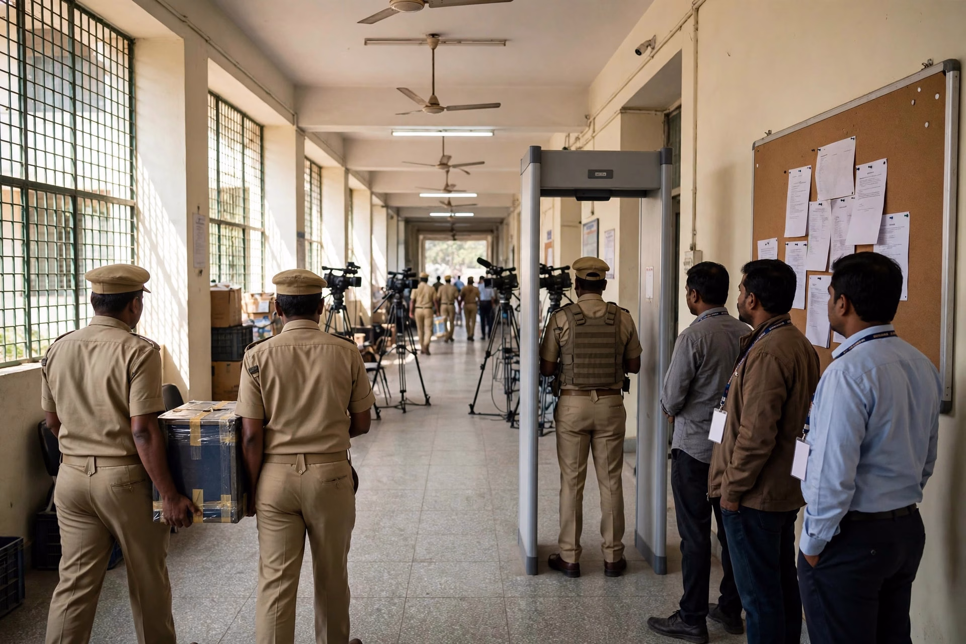 Election officials carrying sealed ballot boxes at a counting centre in Tamil Nadu