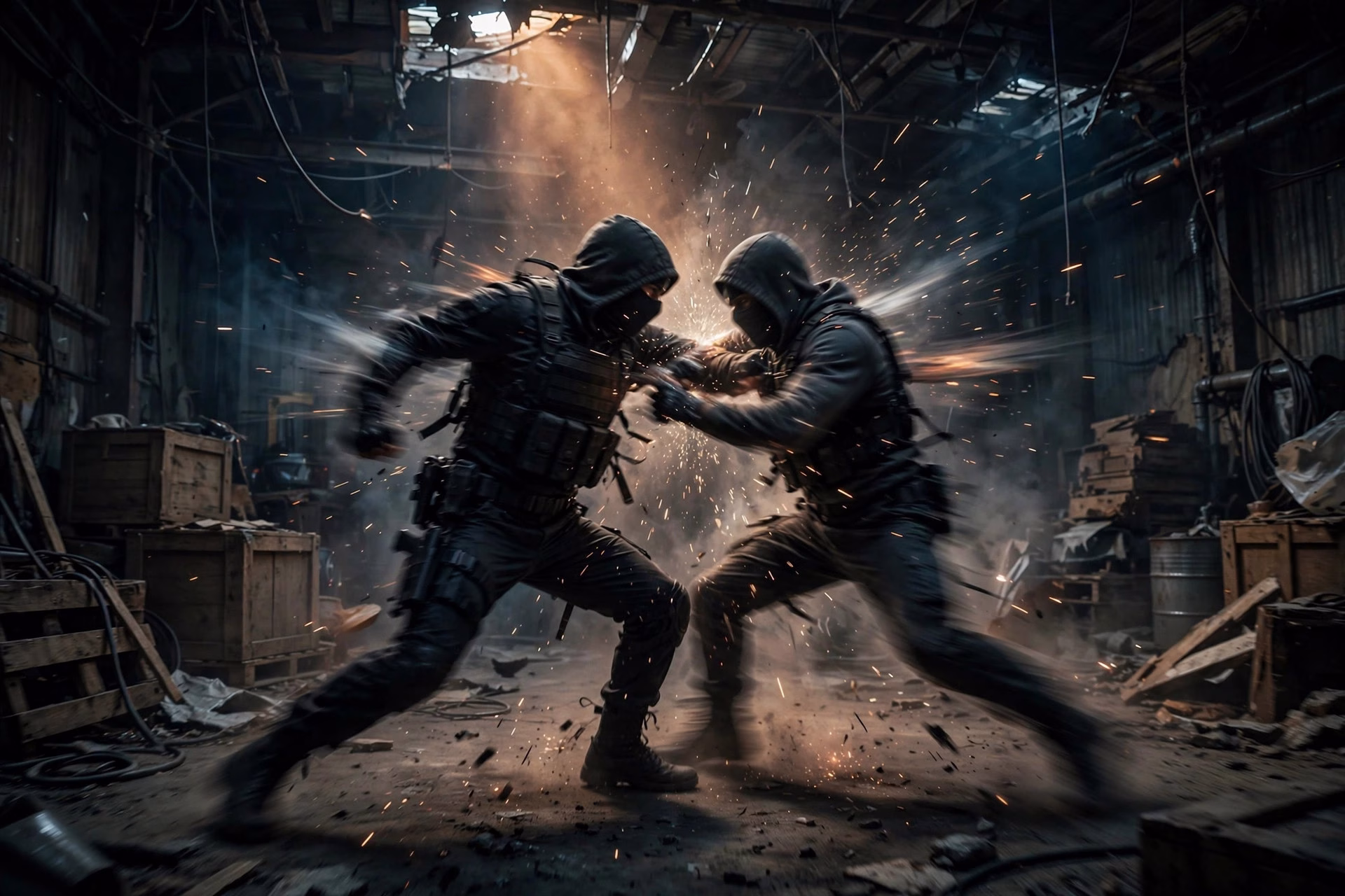 Intense hand-to-hand combat in a dimly lit warehouse with sparks, spy action film concept art