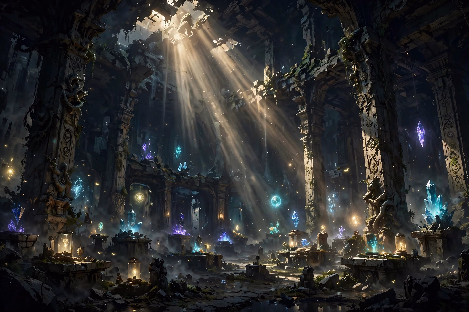 Ancient palace chamber with glowing mystical artifacts and shafts of light, epic fantasy concept art