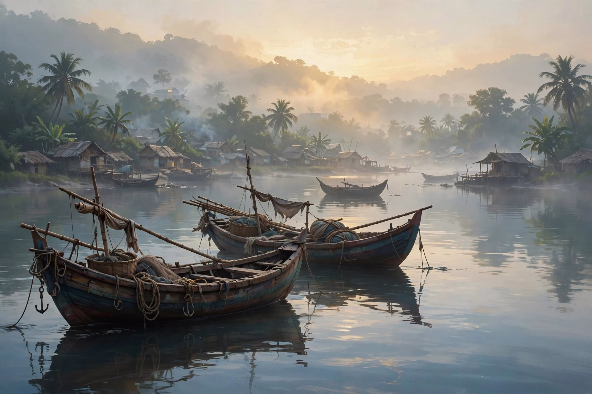 Traditional fishing boats on calm water at dawn with mist over a coastal settlement