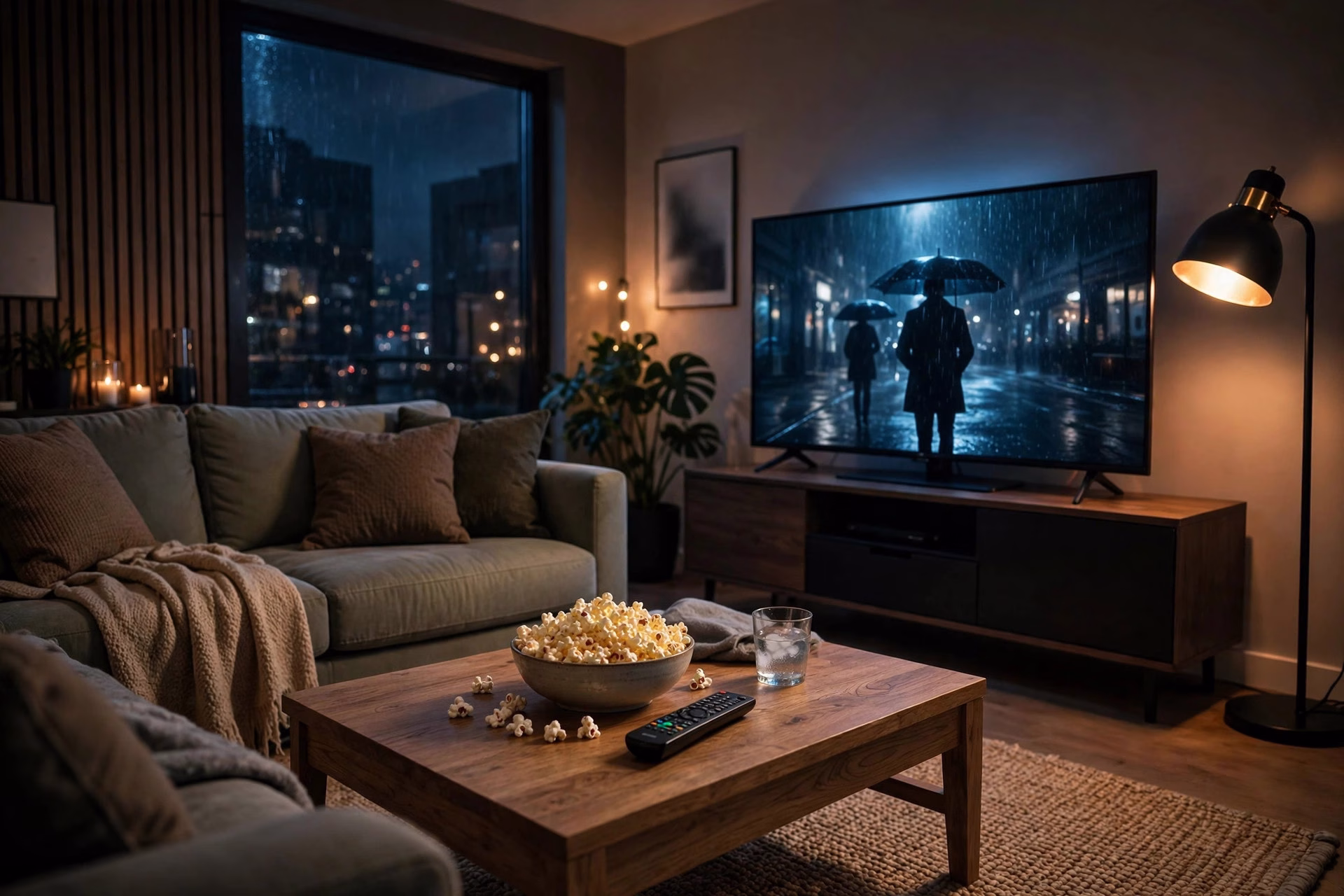 A living room set for a movie night, where viewers can stream Drishyam 3 at home