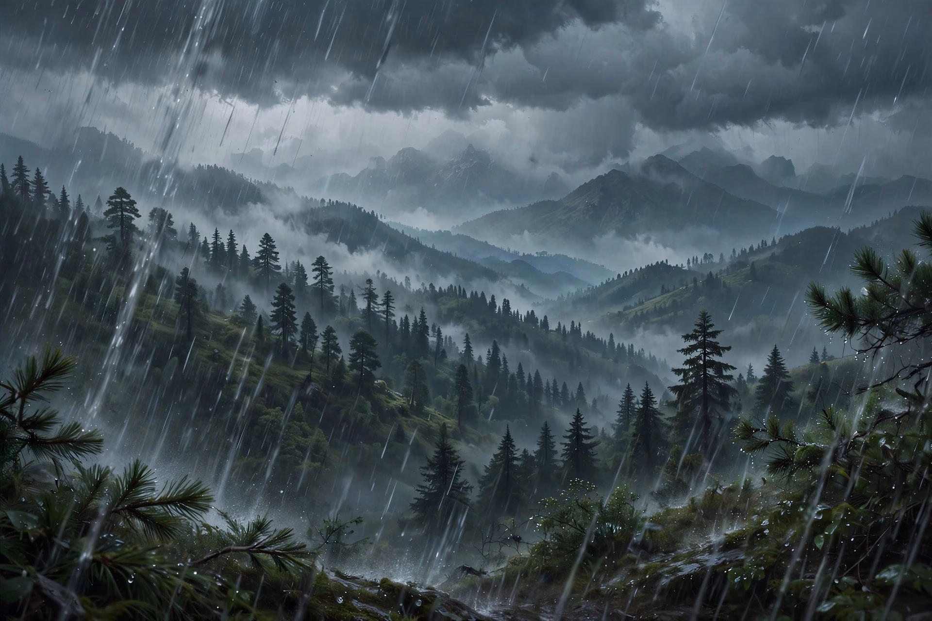 Heavy monsoon rain falling over mist-covered Himalayan hills