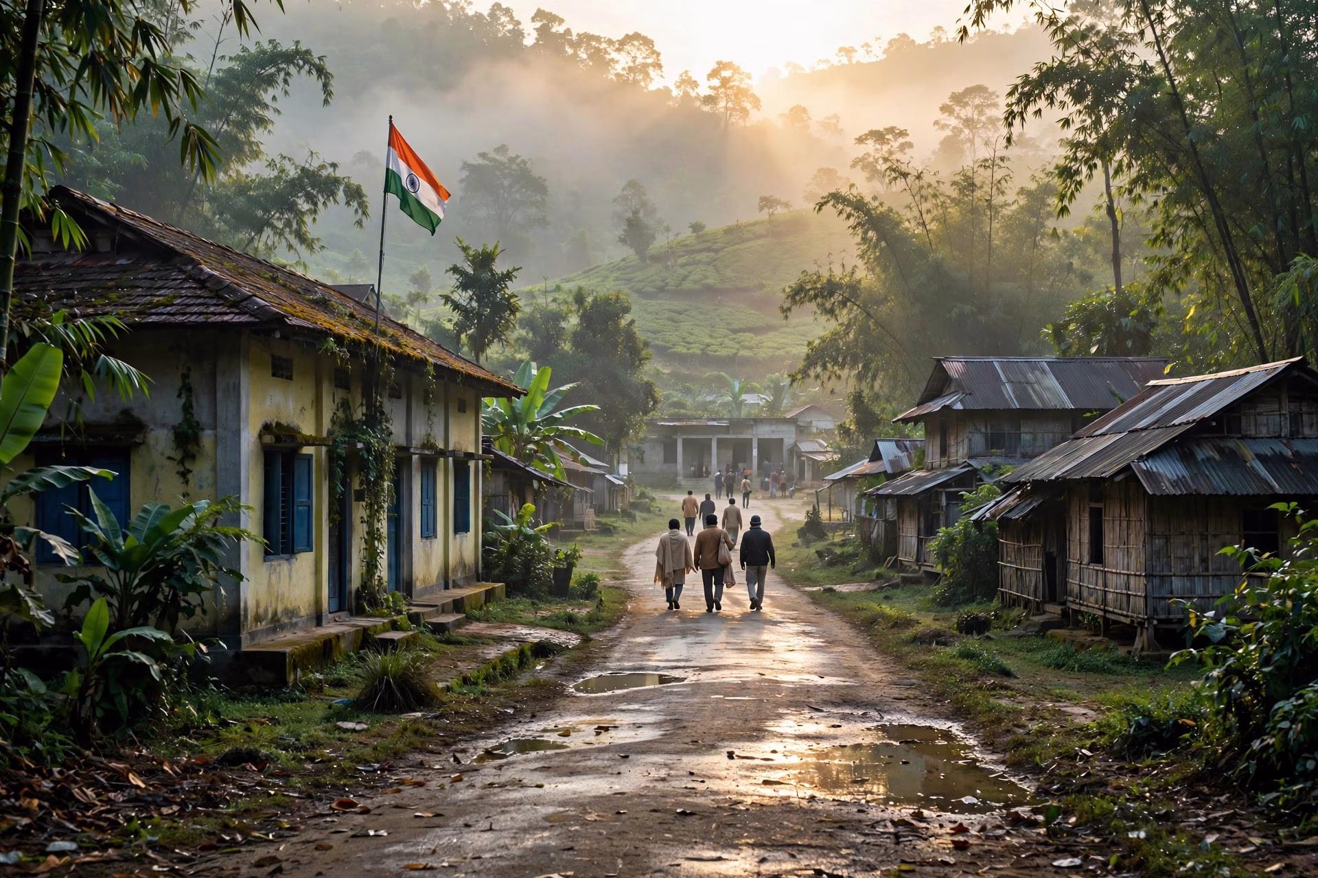 An early morning scene outside a polling centre in Assam on voting day