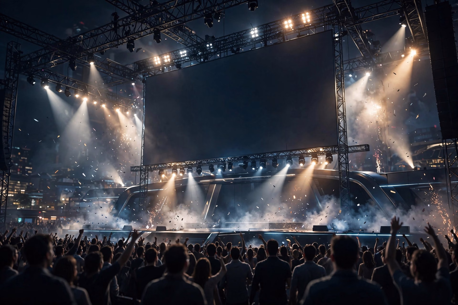 Grand digital premiere stage with giant blank screen, spotlights and crowd silhouettes