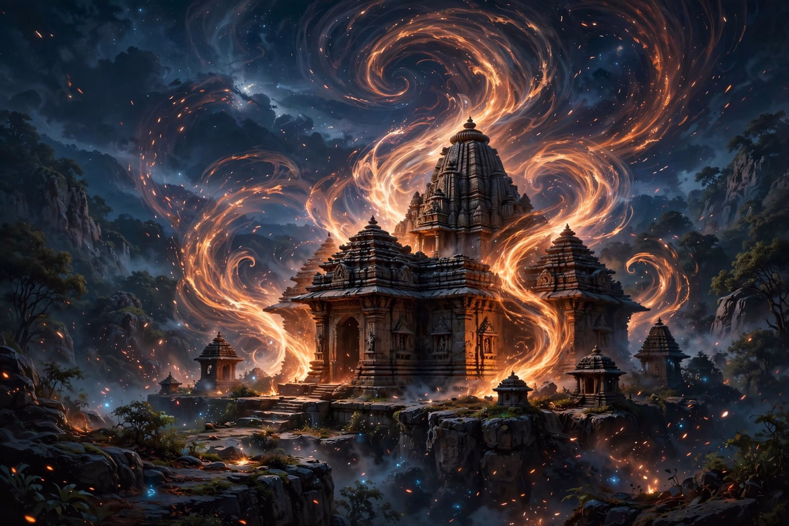 Mystical fire energy swirling around an ancient Indian temple at night, fantasy epic concept art