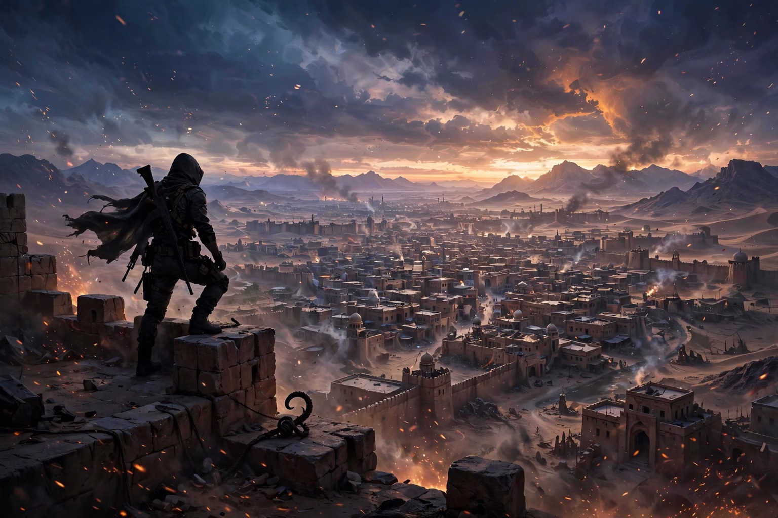 Silhouetted soldier-spy on a desert fortress rooftop at dawn overlooking an old city, epic action concept art