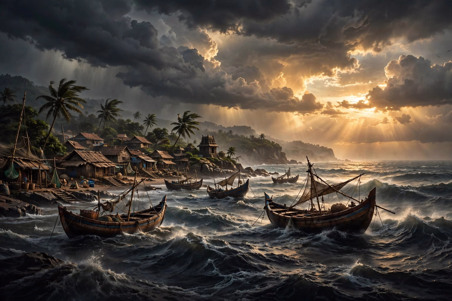 Devara Part 2 Release Date: Jr NTR Sequel Eyes 2027, Shoot Confirmed Stormy coastal village with fishing boats under dramatic monsoon clouds at sunset, sea epic concept art