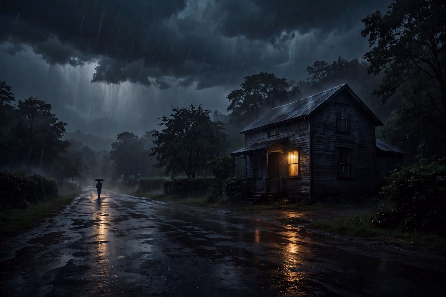 A lone house glowing under a monsoon sky, the moody setting of Drishyam 3 now streaming on Prime Video