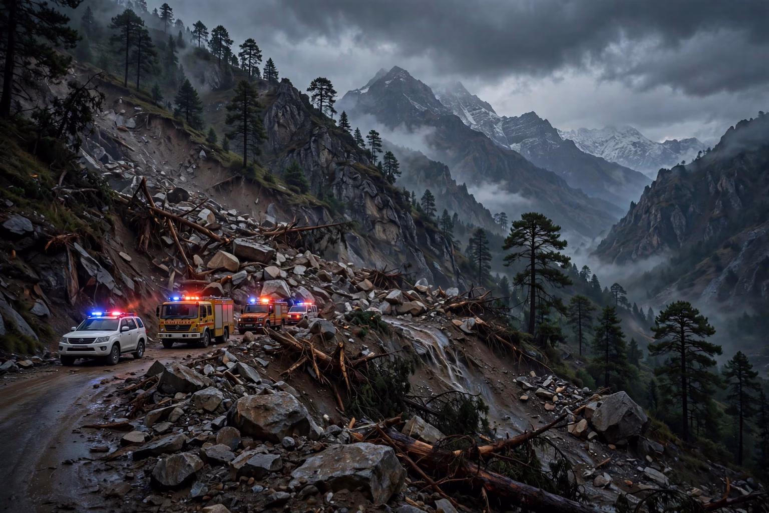 Bilaspur Landslide: At Least 15 Killed After Landslide Buries Bus in Himachal Himalayan mountain road blocked by landslide debris with rescue vehicles at dusk