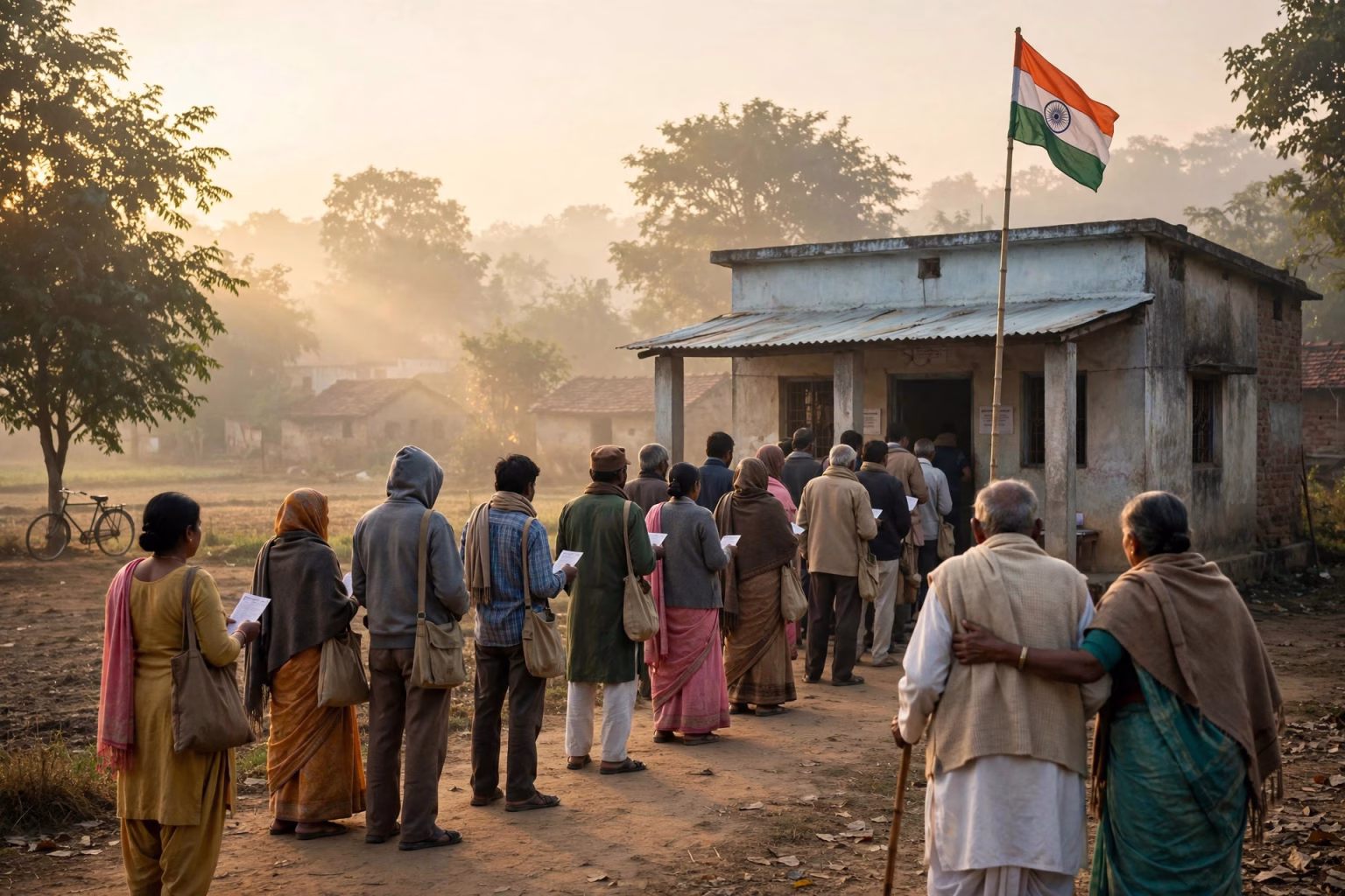 Bypoll Results 2026 Live: BJP Leads in Bengal, AIADMK-TVK Locked in Tight Fight in Tamil Nadu Voters standing in queue at a polling station in India at sunrise on voting day