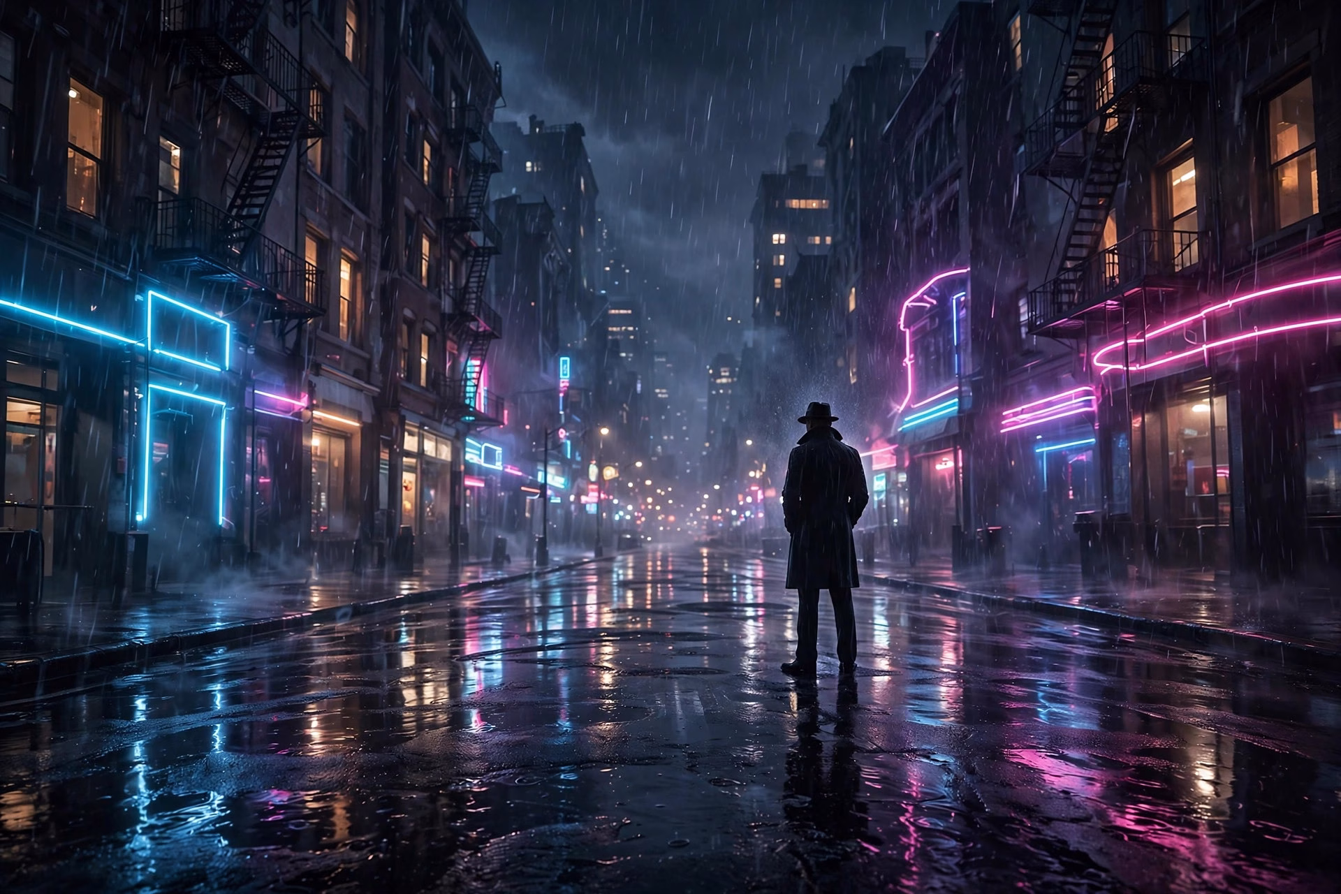 Stylish action hero silhouette in a rain-soaked neon-lit street, gangster film concept art