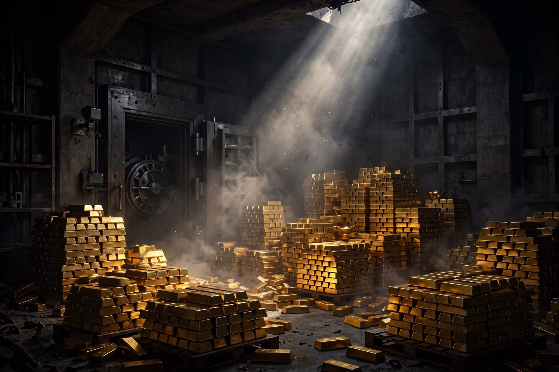 Stacks of gold ingots in a dark vault with a single beam of light, treasure concept art