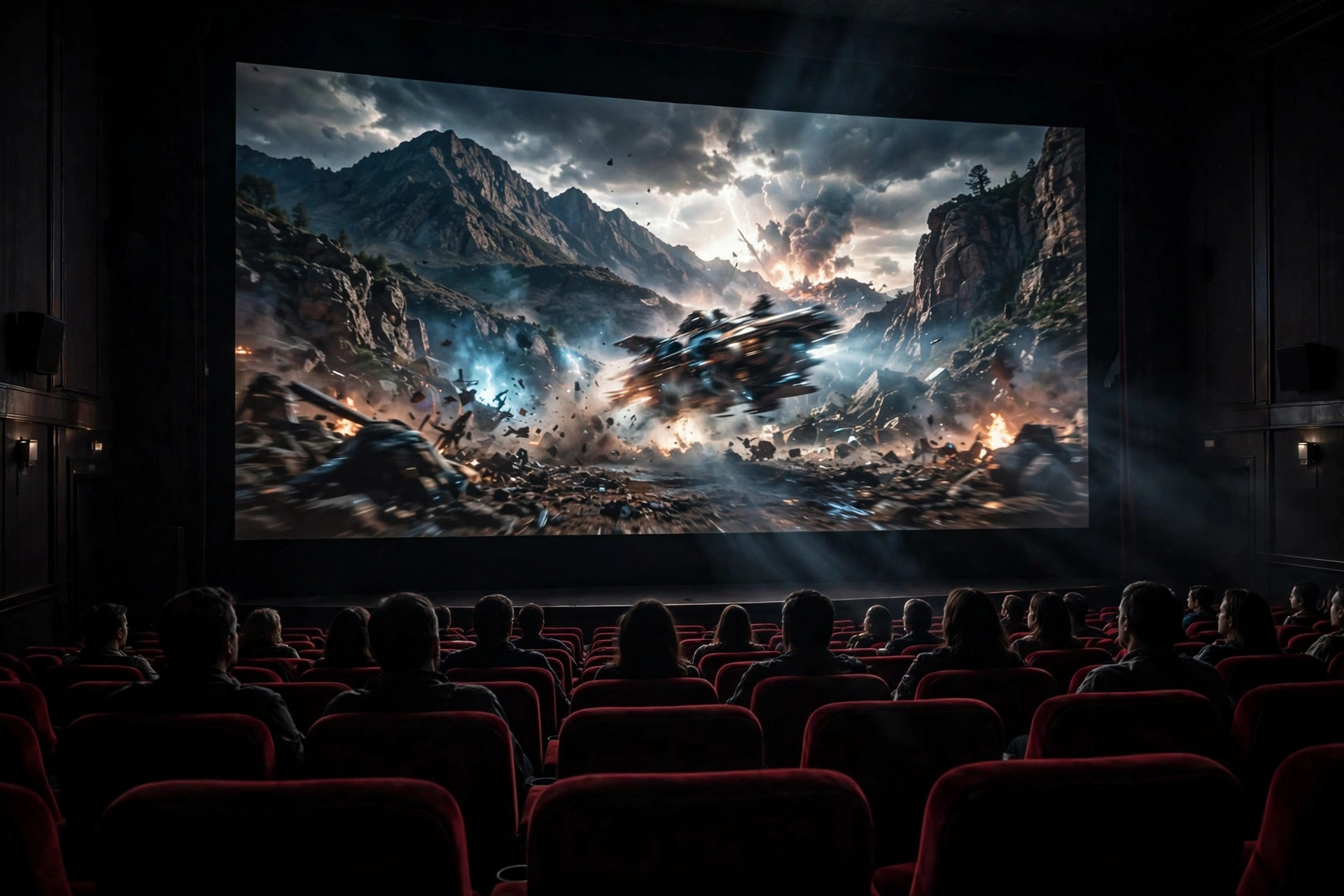 Film trailer playing on a giant cinema screen with audience silhouettes