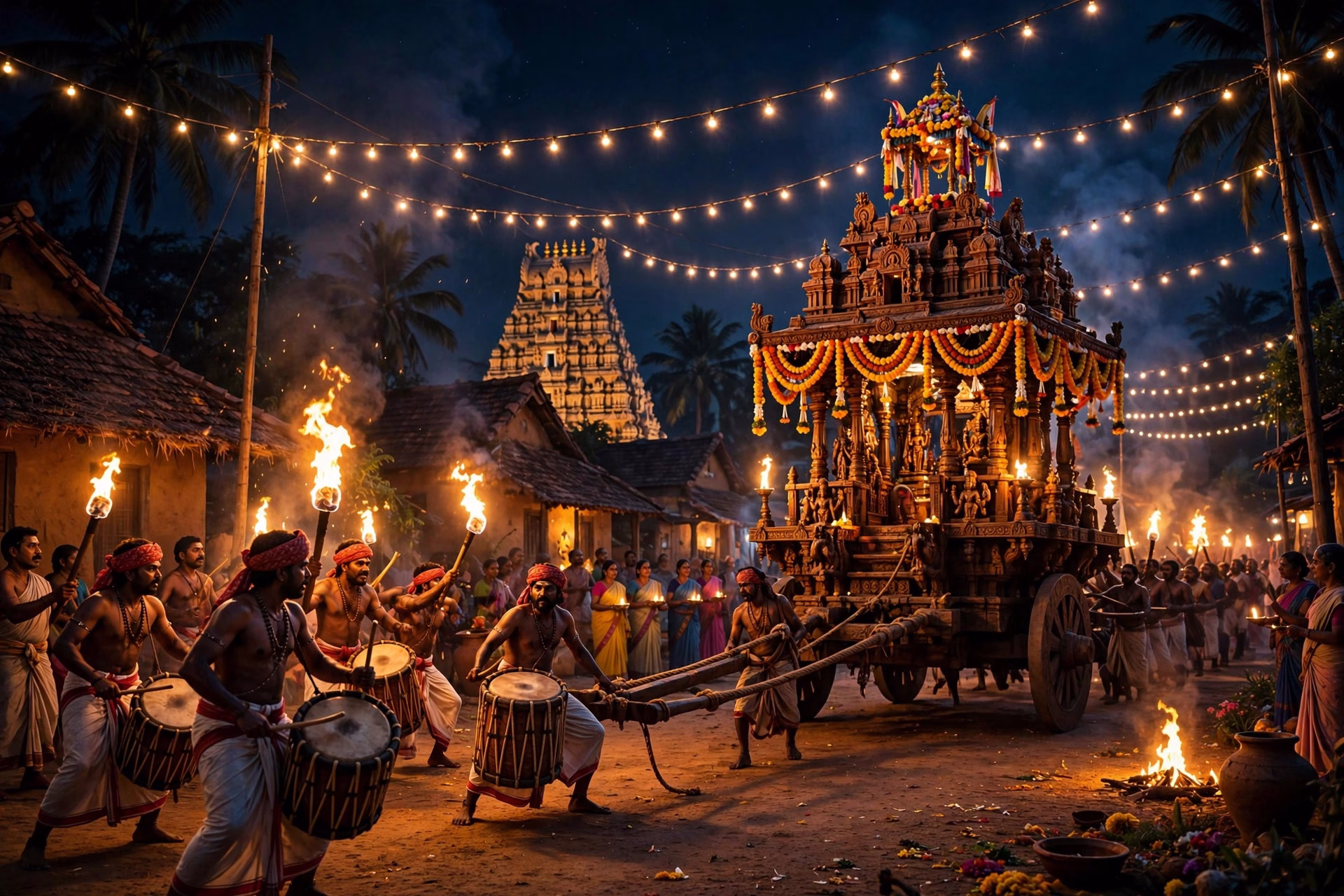 Tamil village festival at night with folk dancers, torches and a temple chariot procession