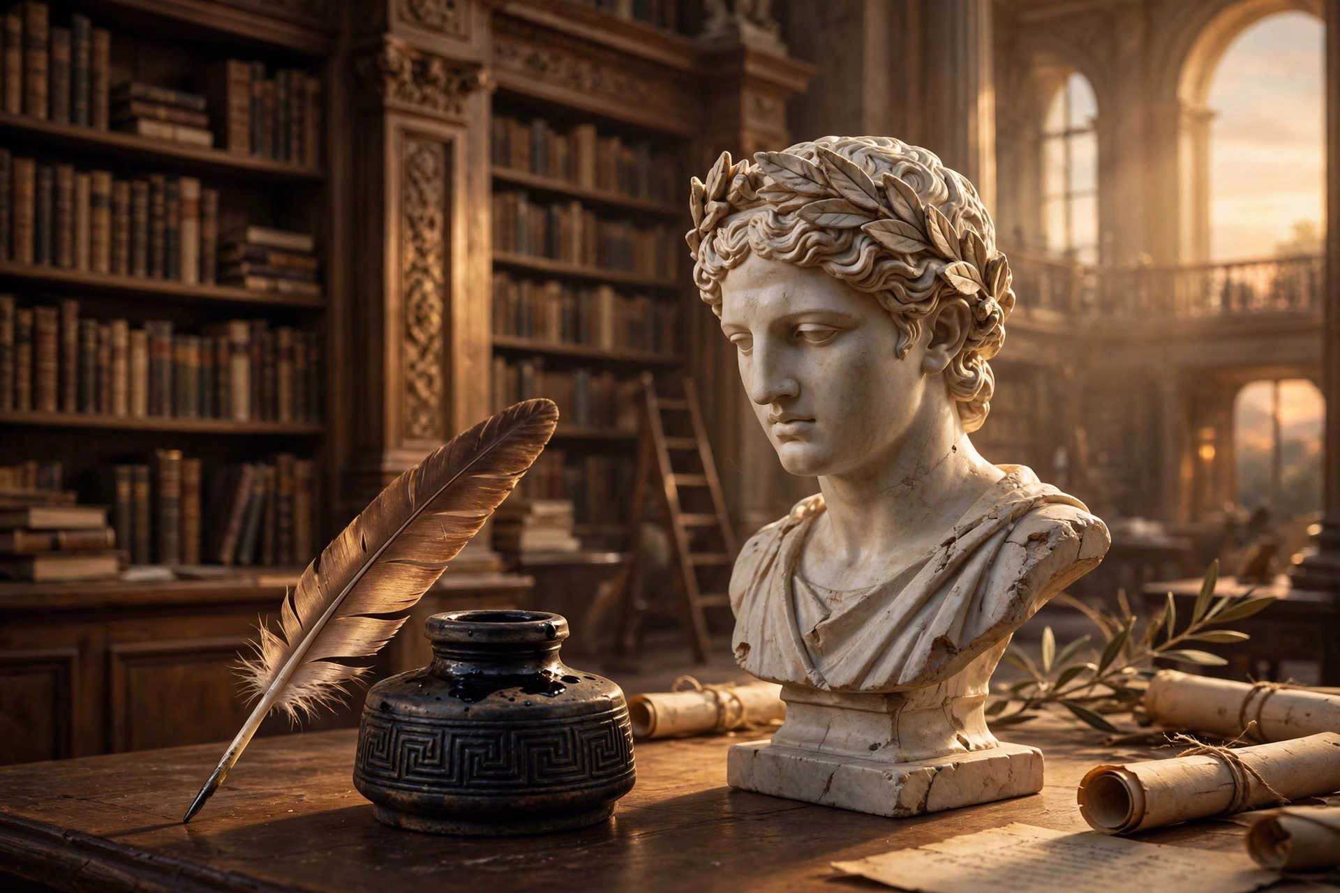 A quill and inkwell beside a classical Greek marble bust in a grand library