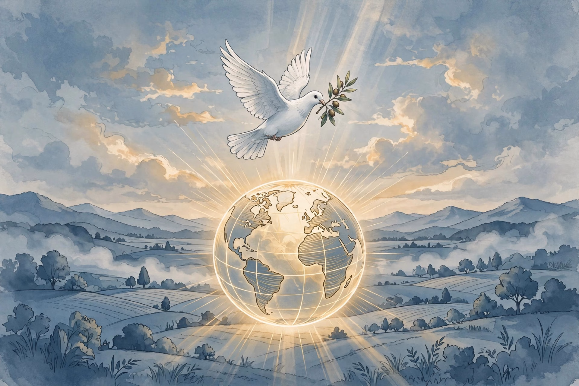 Concept art of a white dove carrying an olive branch over a softly glowing globe